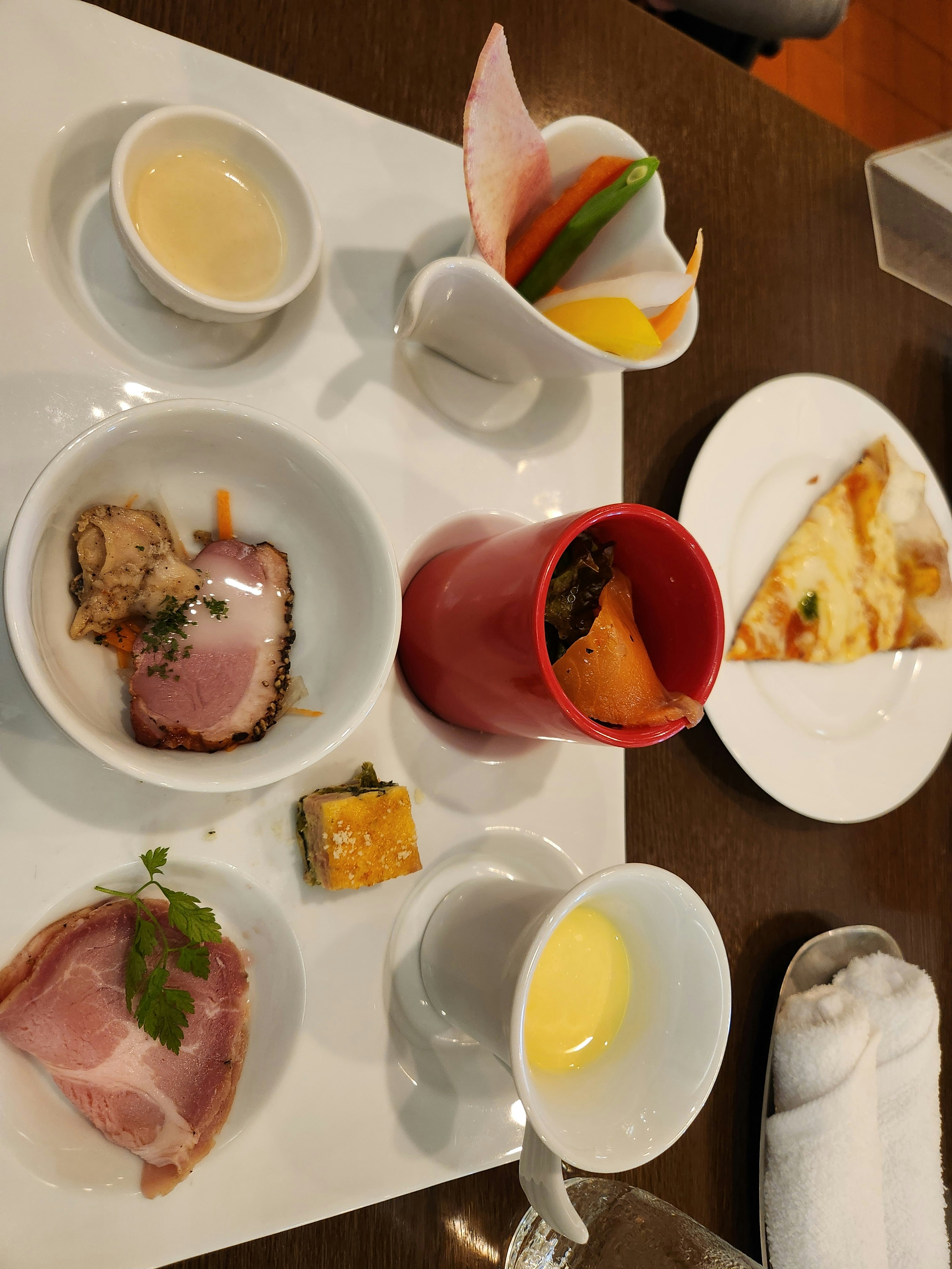 assorted breakfast plates with soup and eggs