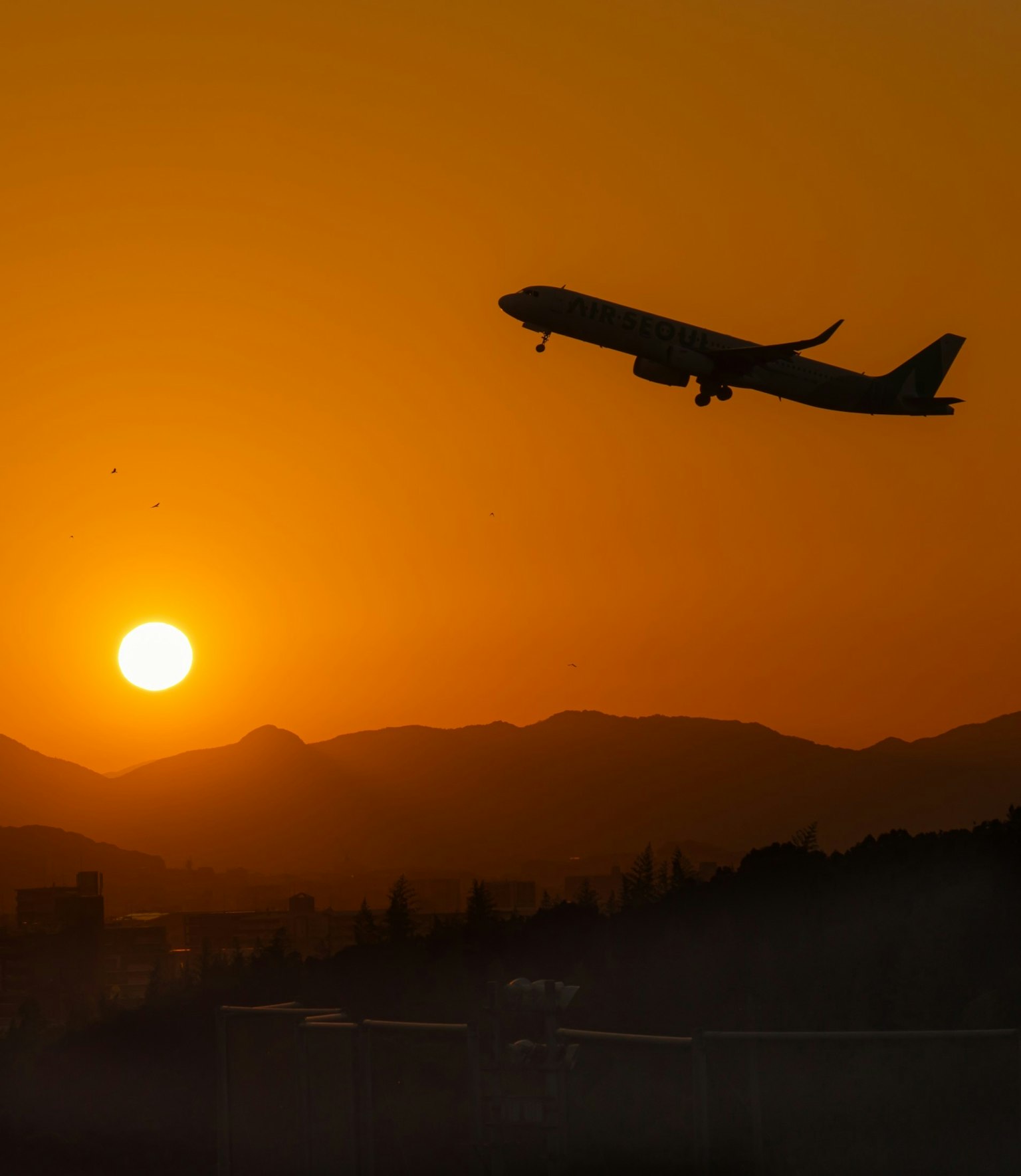 Silhouette eines Flugzeugs, das gegen einen Sonnenuntergang abhebt