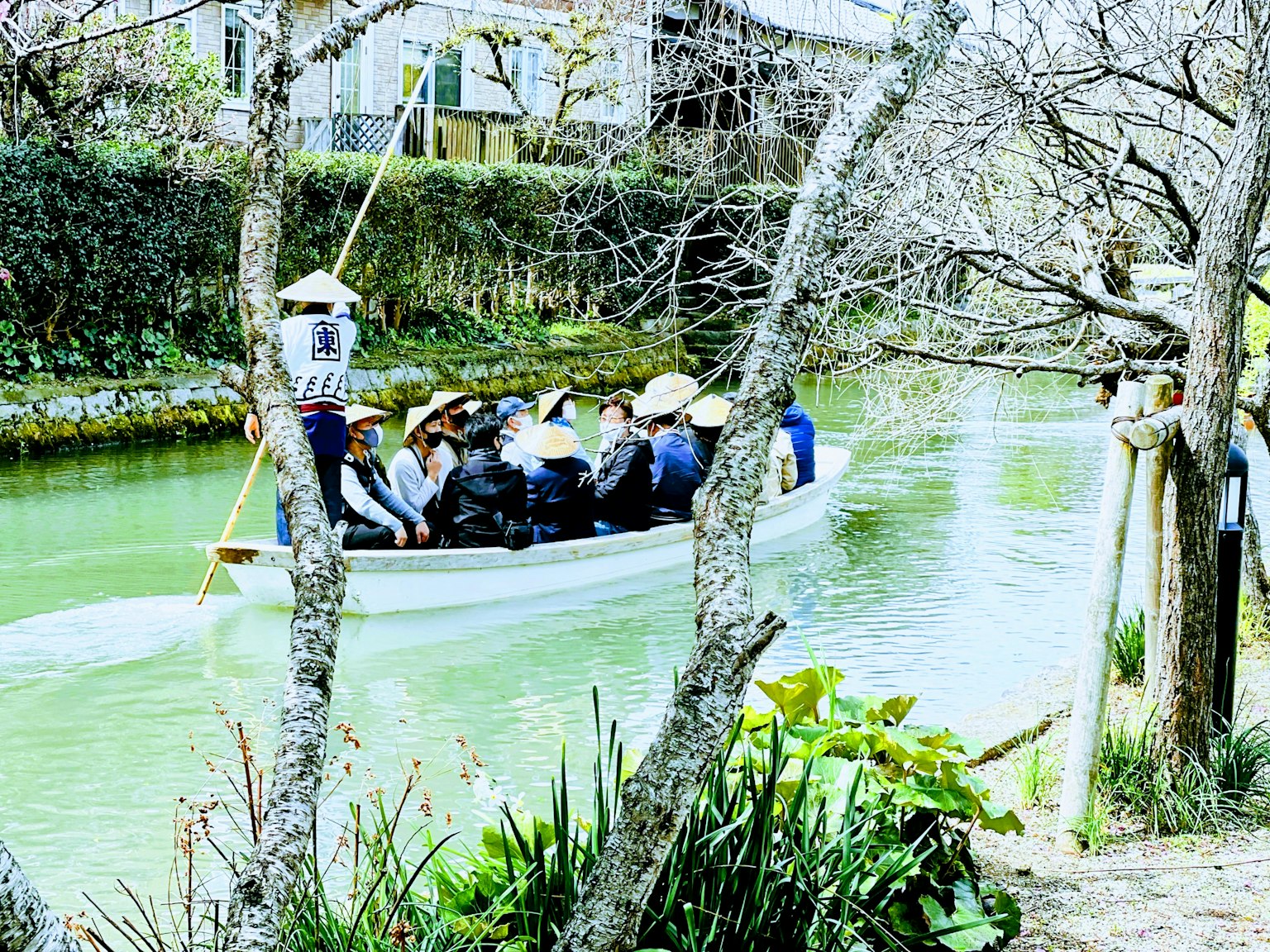 Một chiếc thuyền chở hành khách đang di chuyển trên con sông được bao quanh bởi cây cối