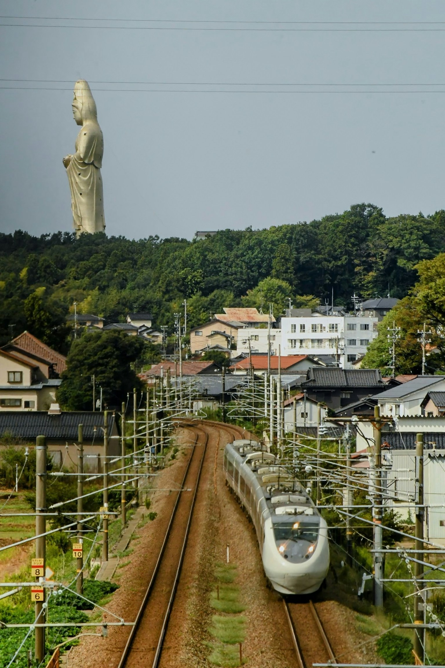 火车沿着轨道行驶，背景有一座巨大的雕像的风景