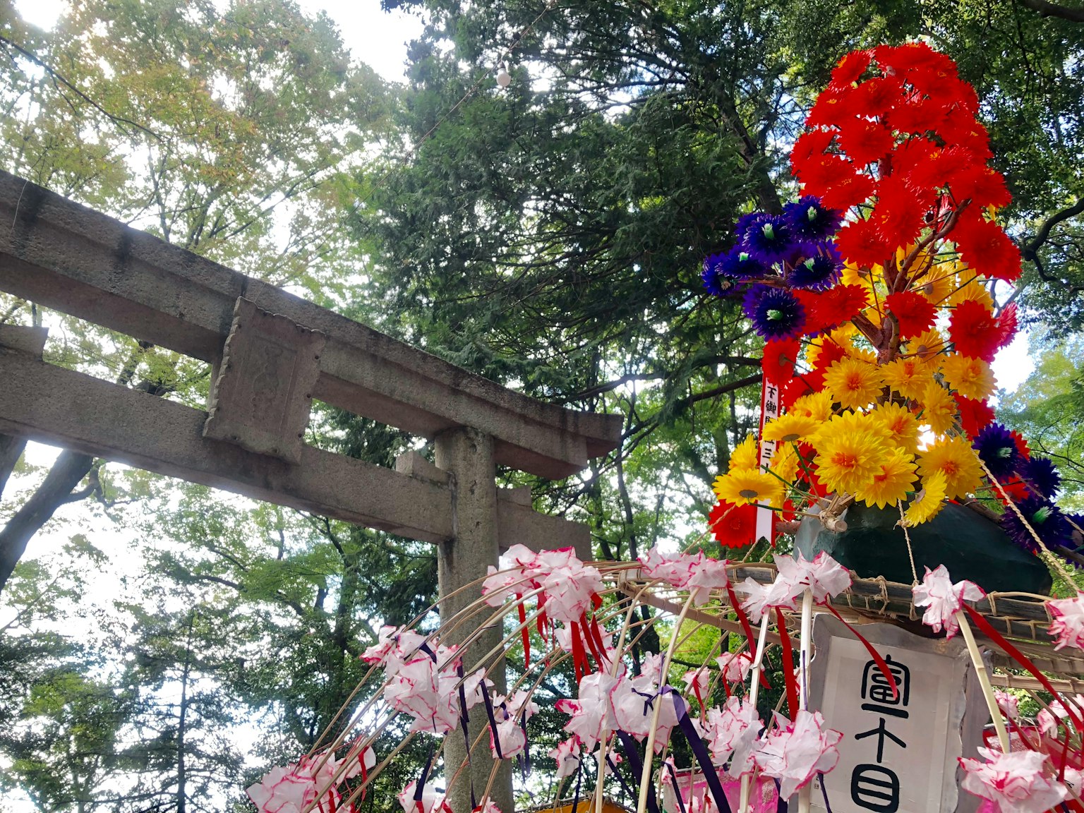 Una hermosa vista de un torii de santuario adornado con coloridas decoraciones florales