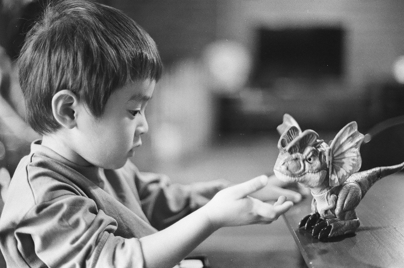A boy gazing at a dragon figurine in a black and white photo