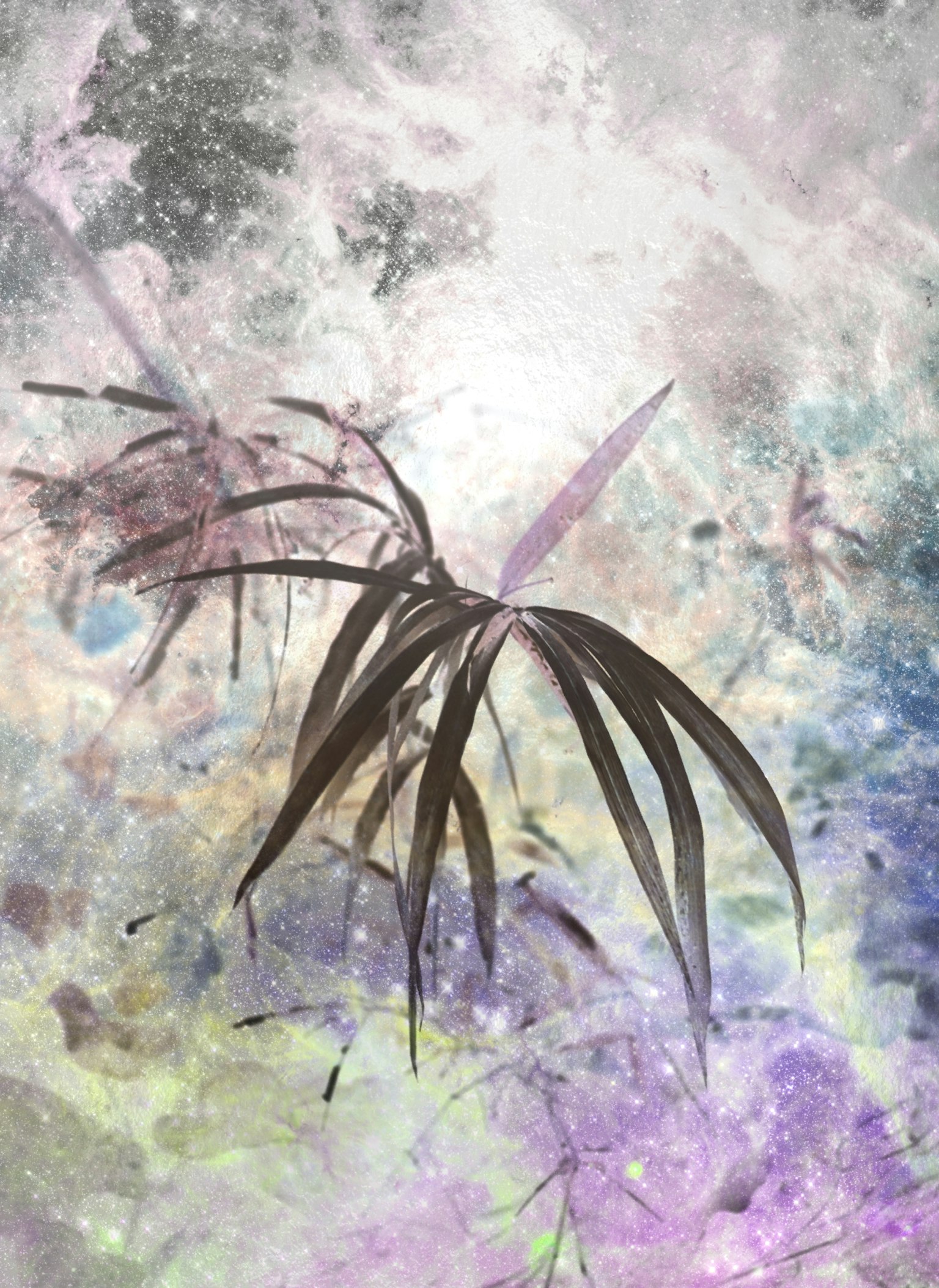 Artistic representation of bamboo leaves against a soft purple background