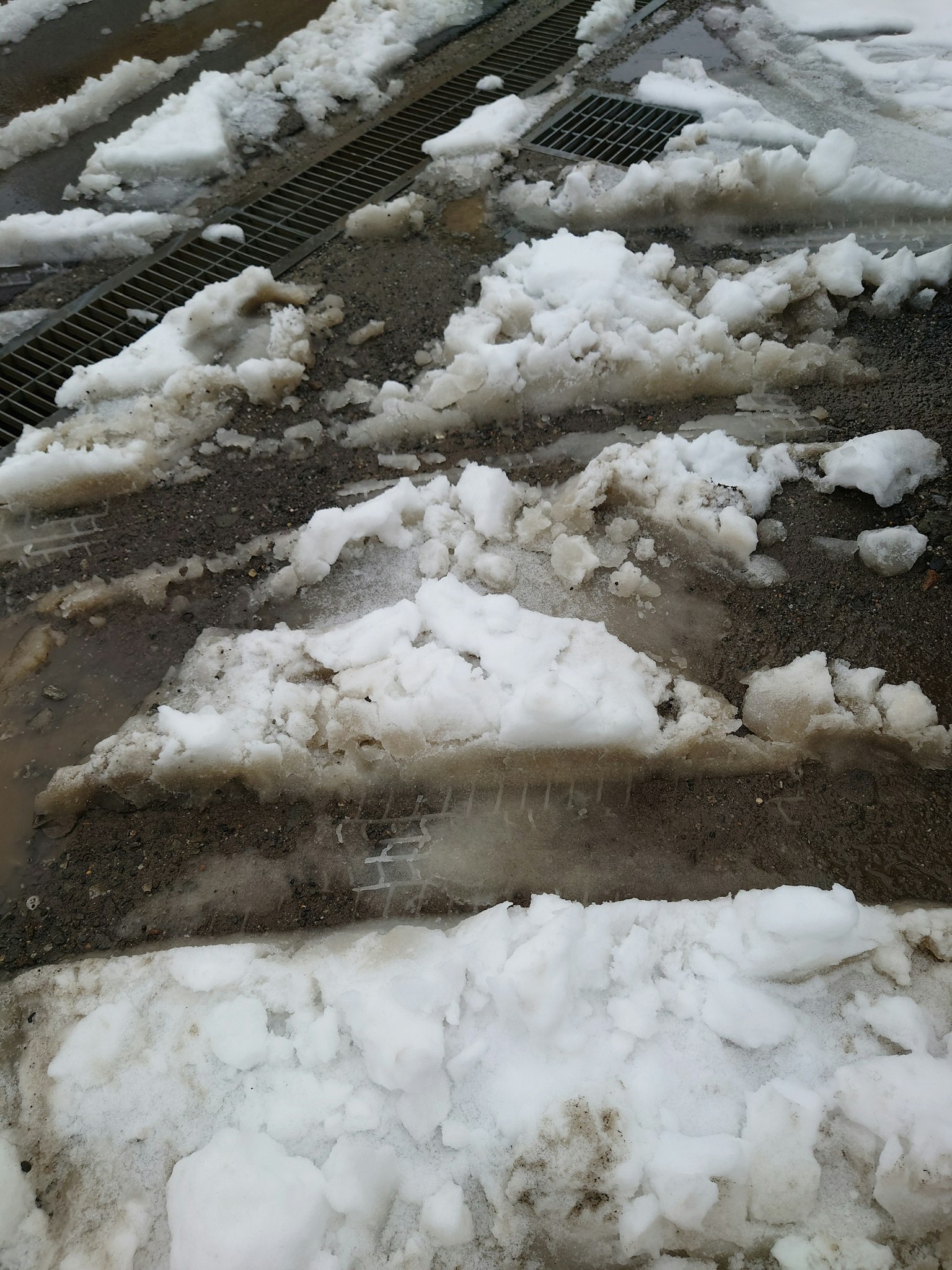 Boden bedeckt mit schmelzendem Schnee und schlammigen Flecken