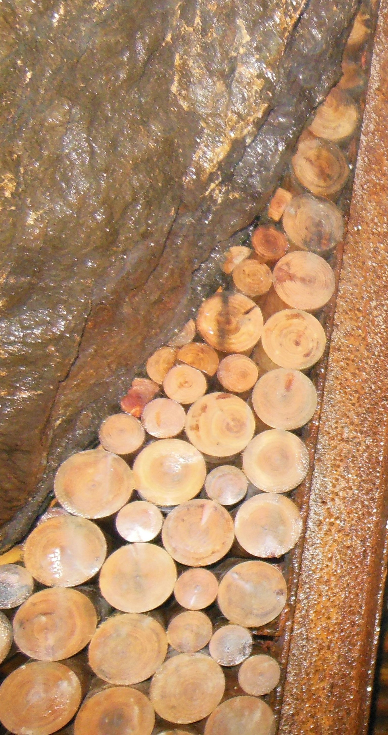 Gambar menunjukkan batang kayu yang ditumpuk dengan penampang melintang bulat