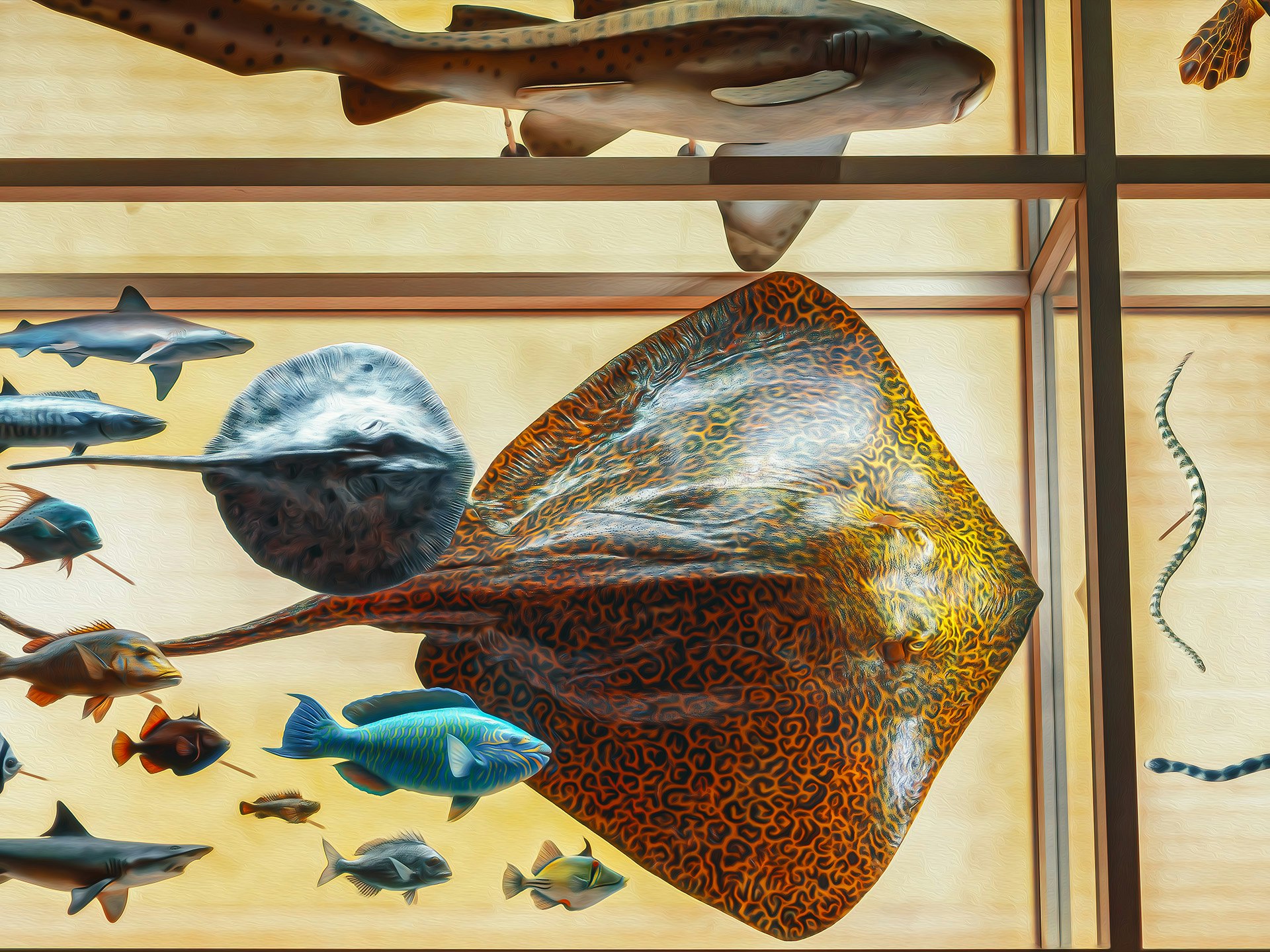水槽のガラス越しに泳ぐ魚の展示パネル