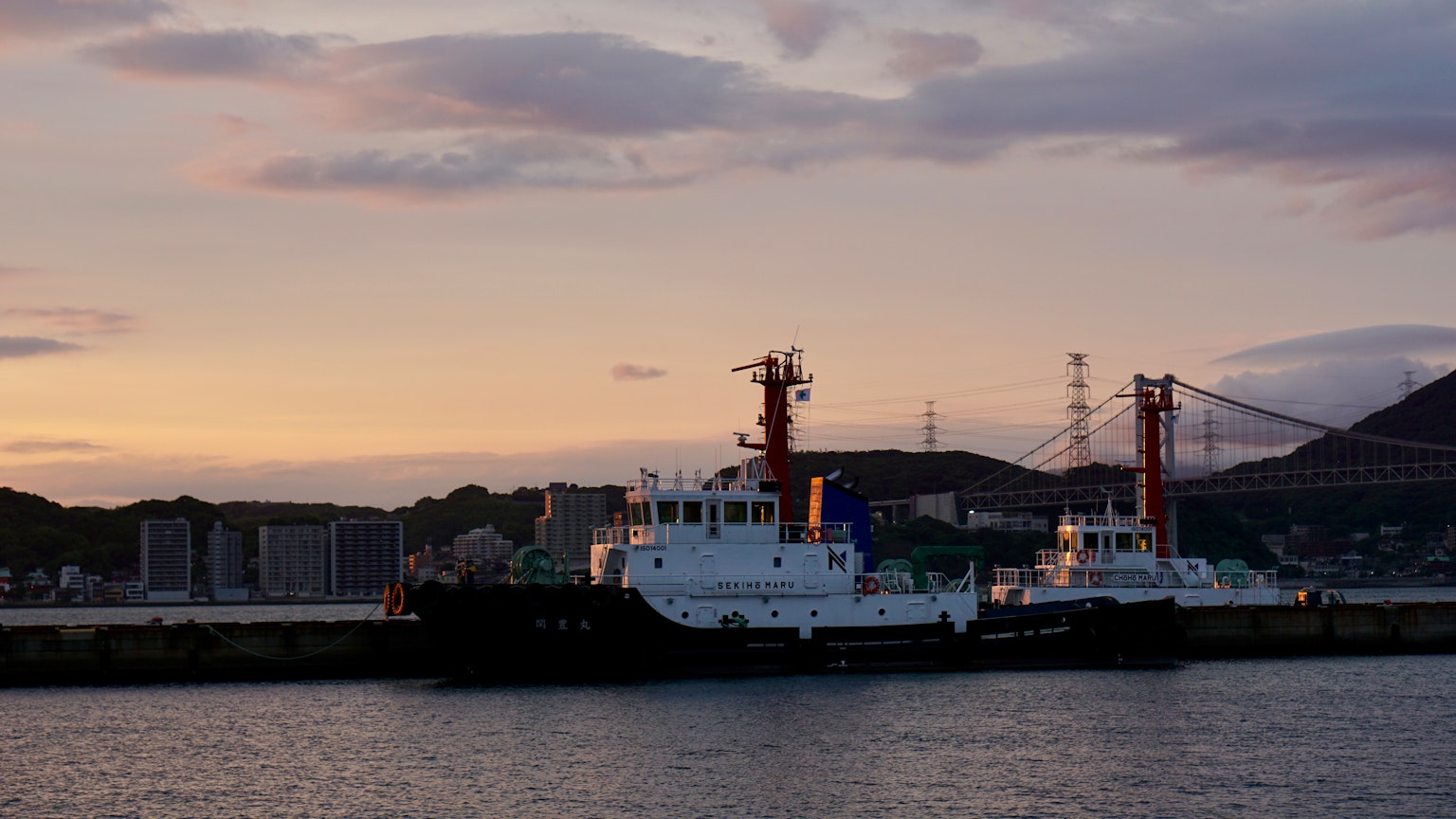 Dos remolcadores atracados en un puerto al atardecer