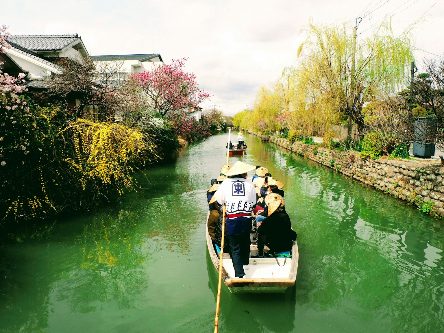 綠色水道的風景，有一艘小船和春天的花朵