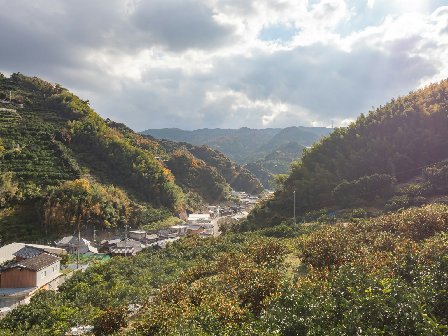 Vue pittoresque d'un village dans les montagnes avec des collines vertes et des bâtiments