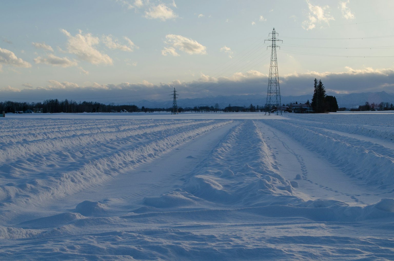 Campo cubierto de nieve con líneas eléctricas y cielo nublado