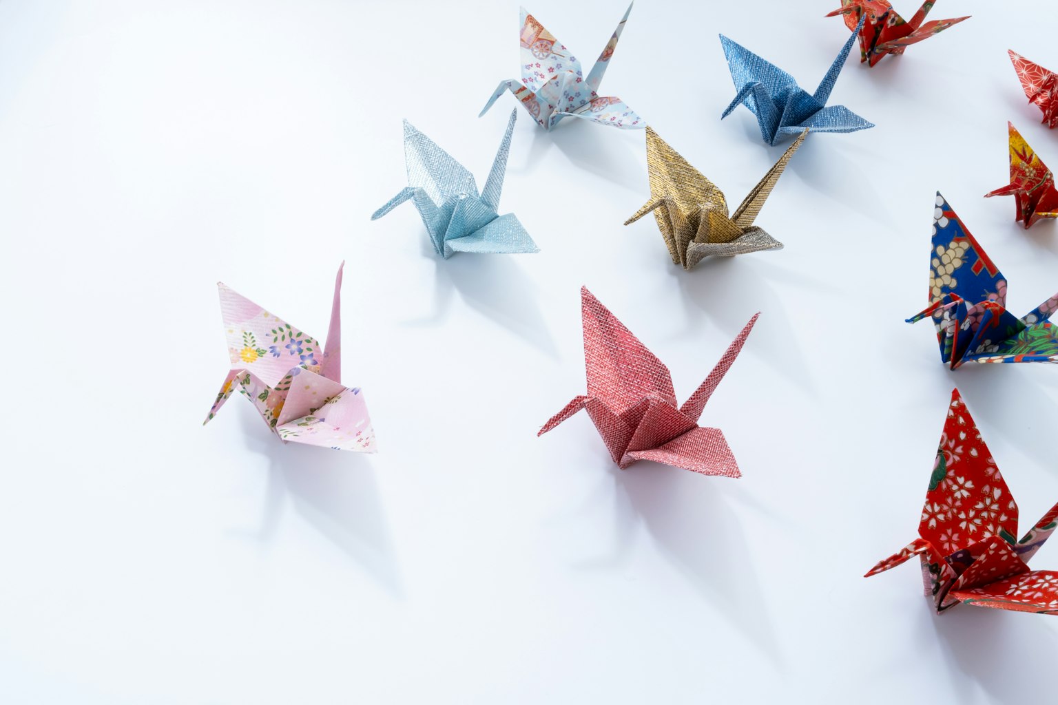 Bunte Origami-Kraniche auf weißem Hintergrund angeordnet