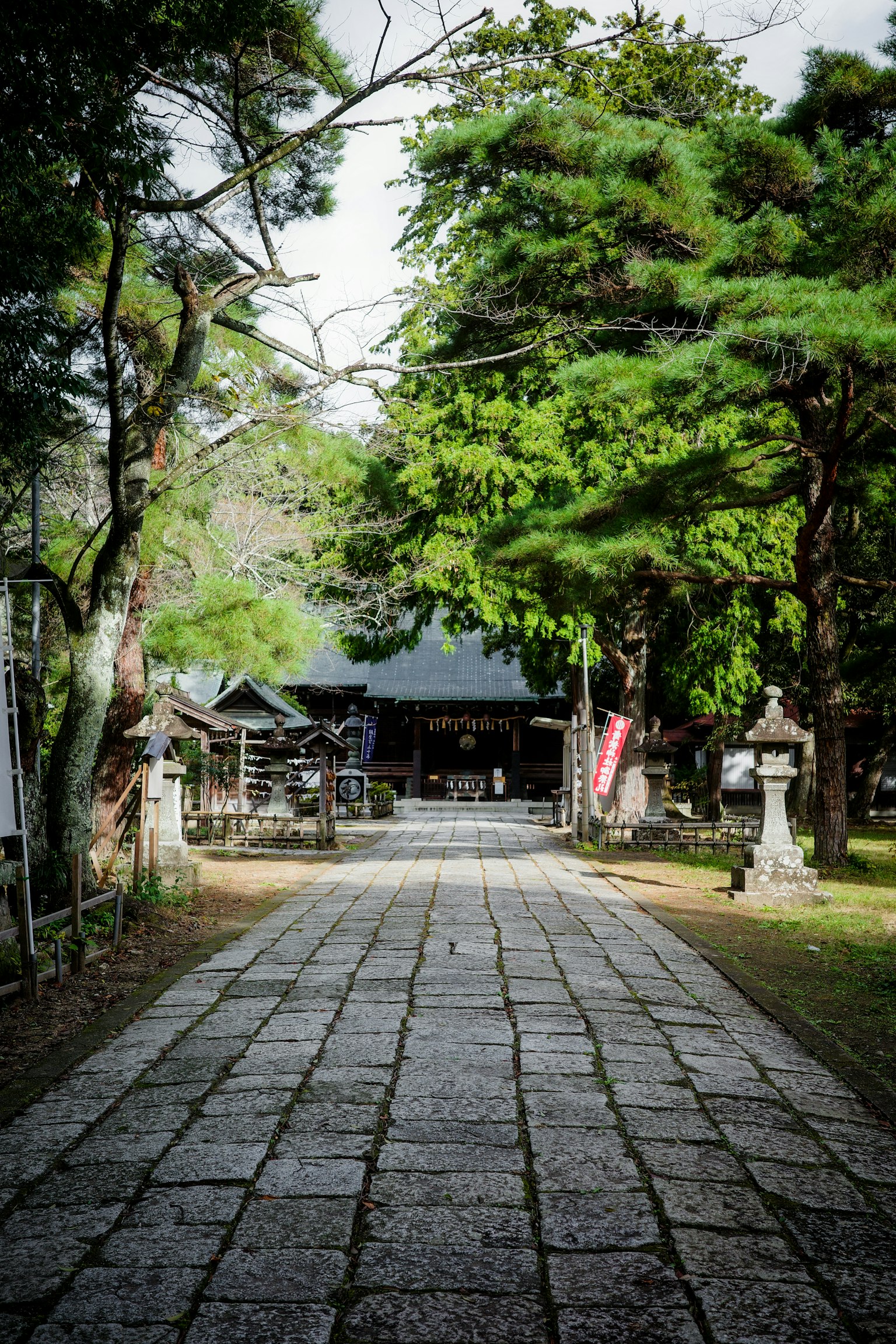通往被绿树环绕的神社的石头小路