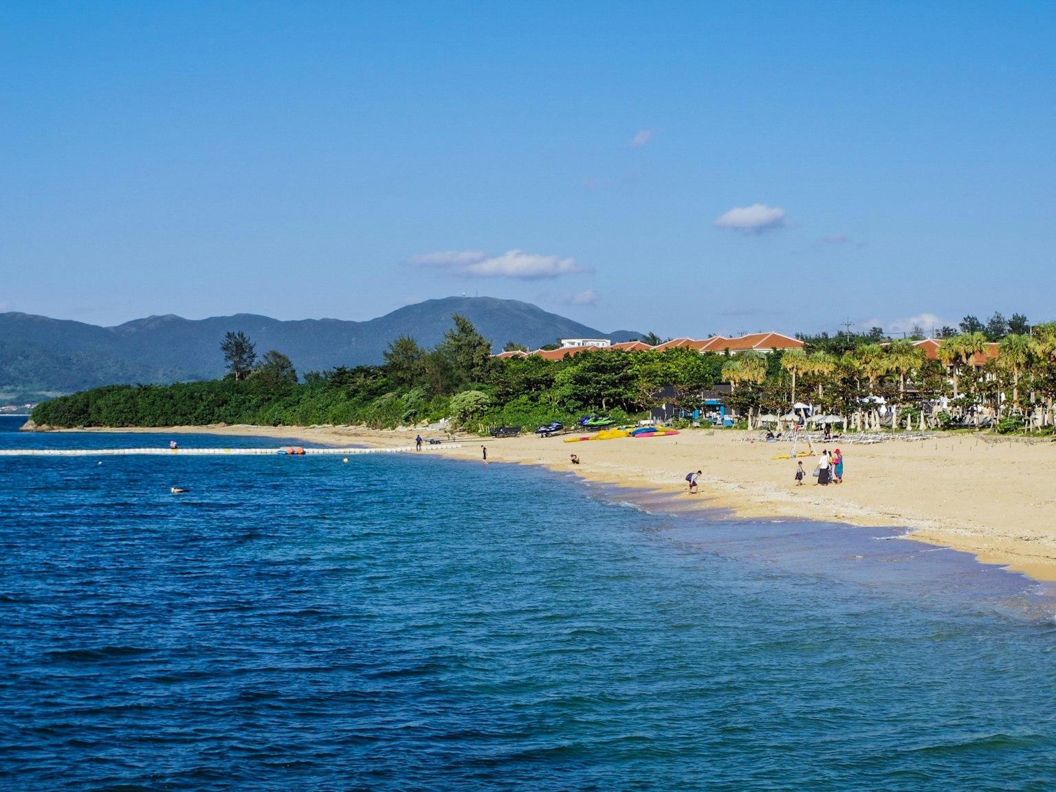Spiaggia panoramica con mare calmo palme e cielo blu chiaro persone che godono le vacanze