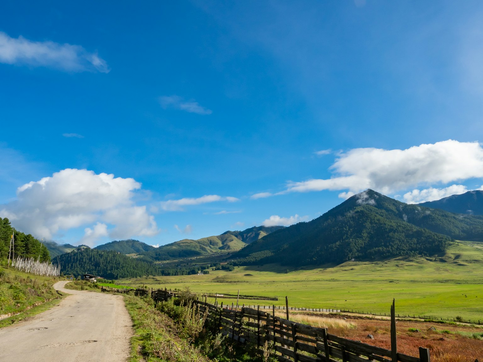 A dirt road winding through lush green hills under a blue sky