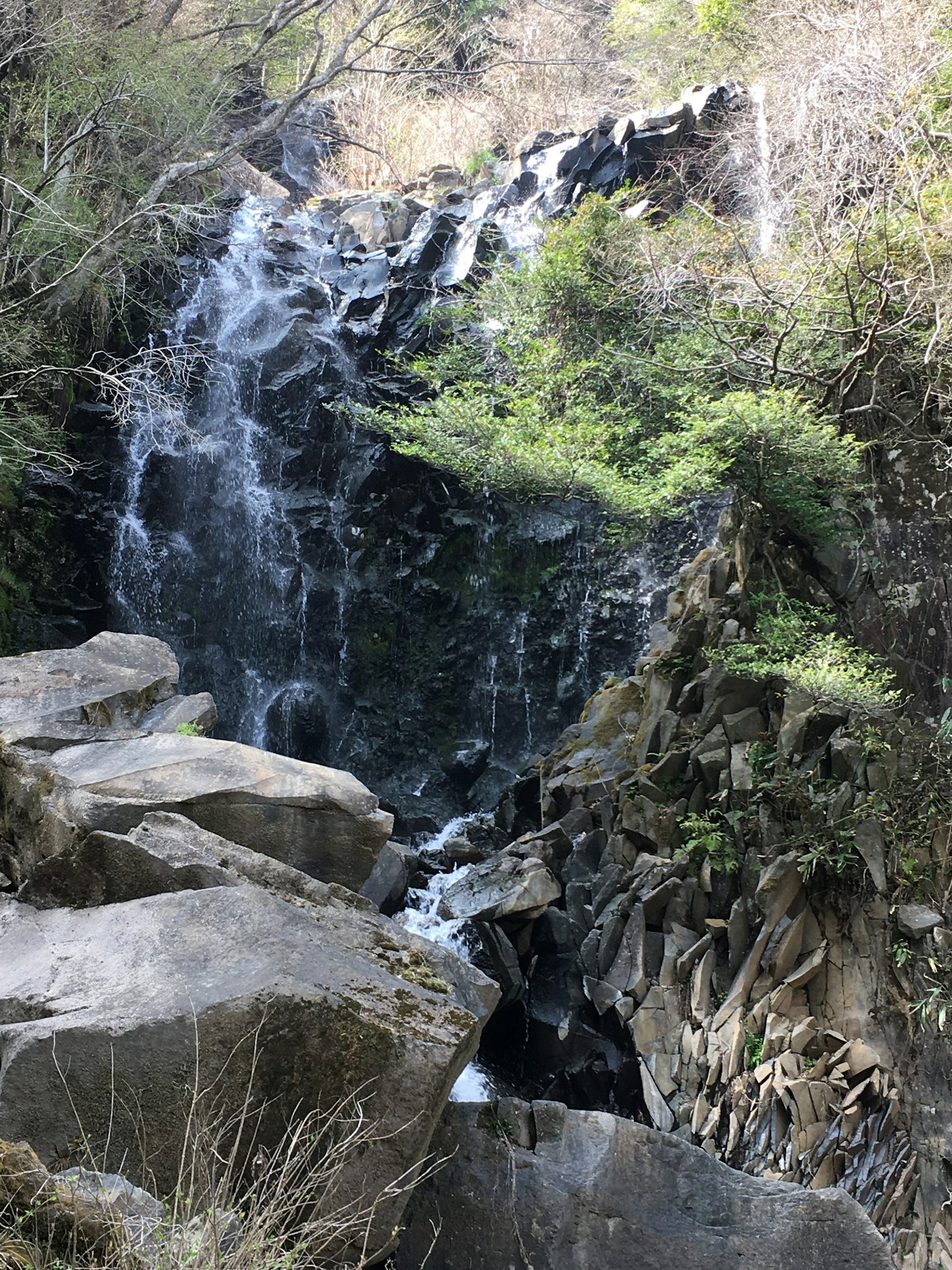 Una pequeña cascada que cae entre rocas en un entorno natural