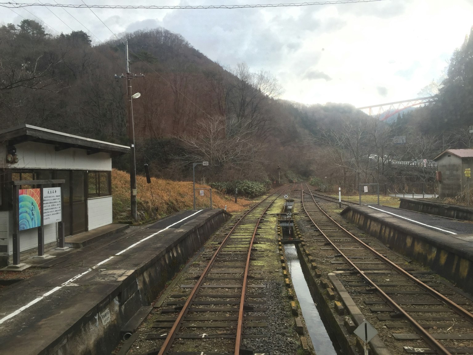 Vue de la gare avec des voies ferrées et un paysage montagneux