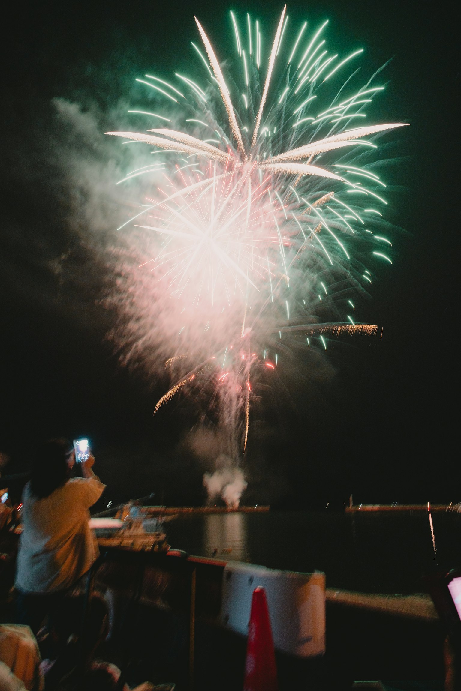 Spettacolo di fuochi d'artificio nel cielo notturno con persone che scattano foto con smartphone