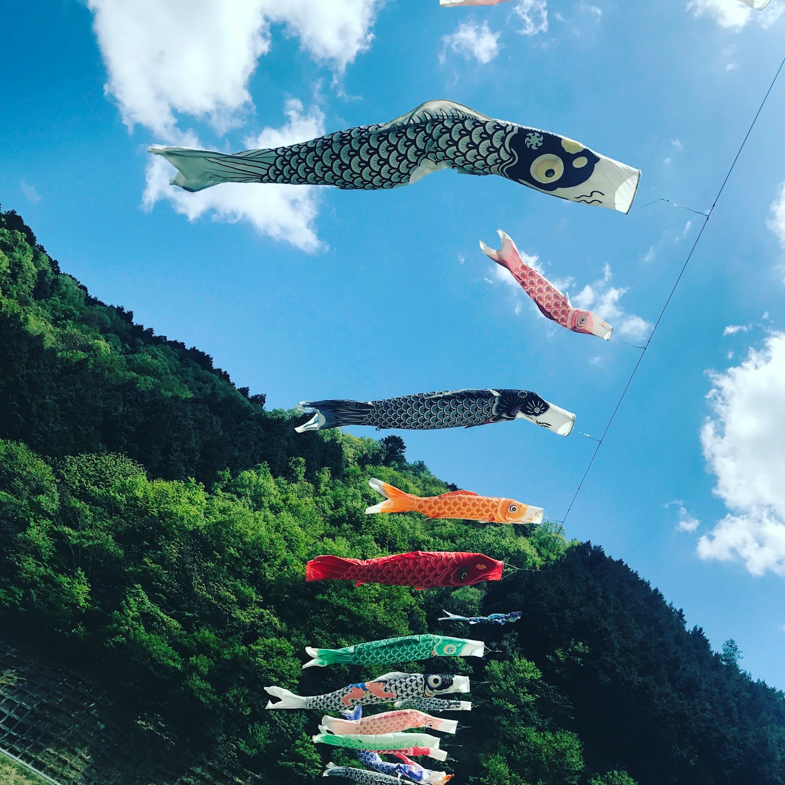 Koinobori che volano nel cielo blu con montagne verdi sullo sfondo