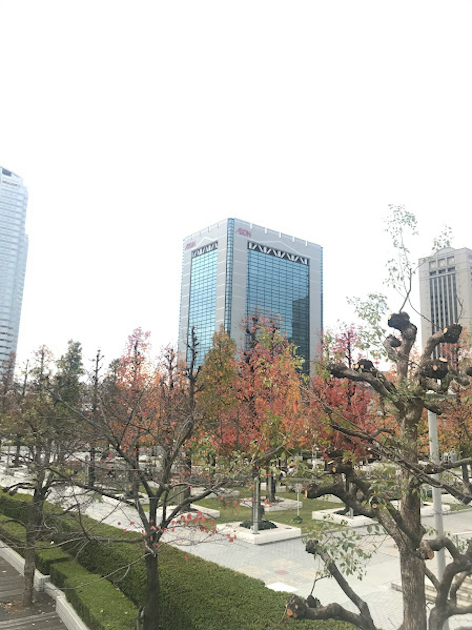 Paisaje urbano con rascacielos y árboles de otoño