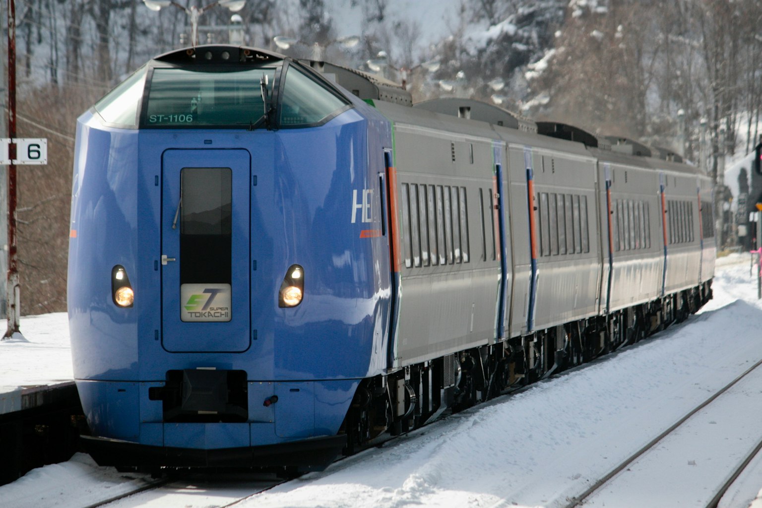 Blauer Schnellzug, der im Schnee hält