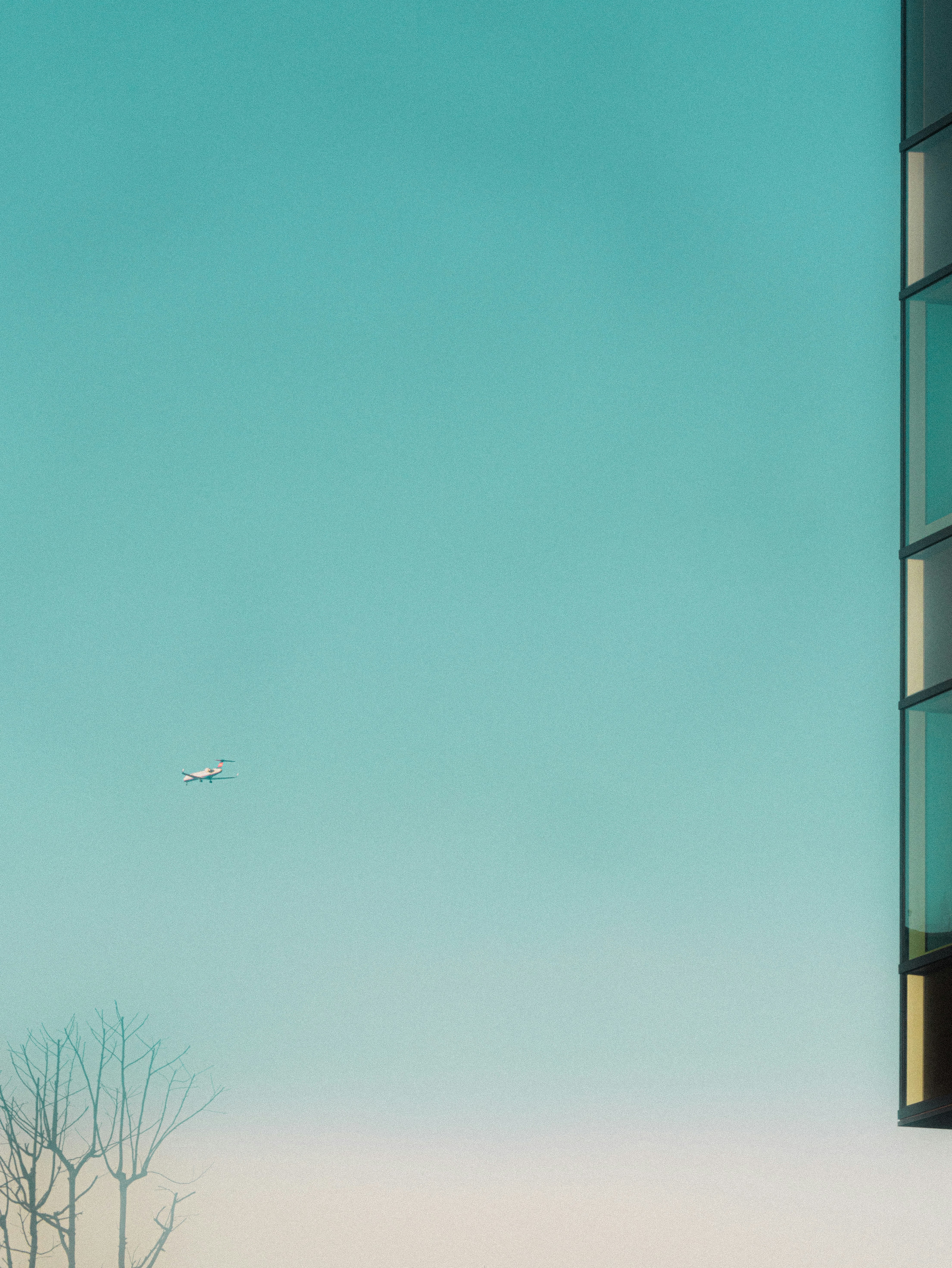 青空と近代的な建物の一部が映る風景