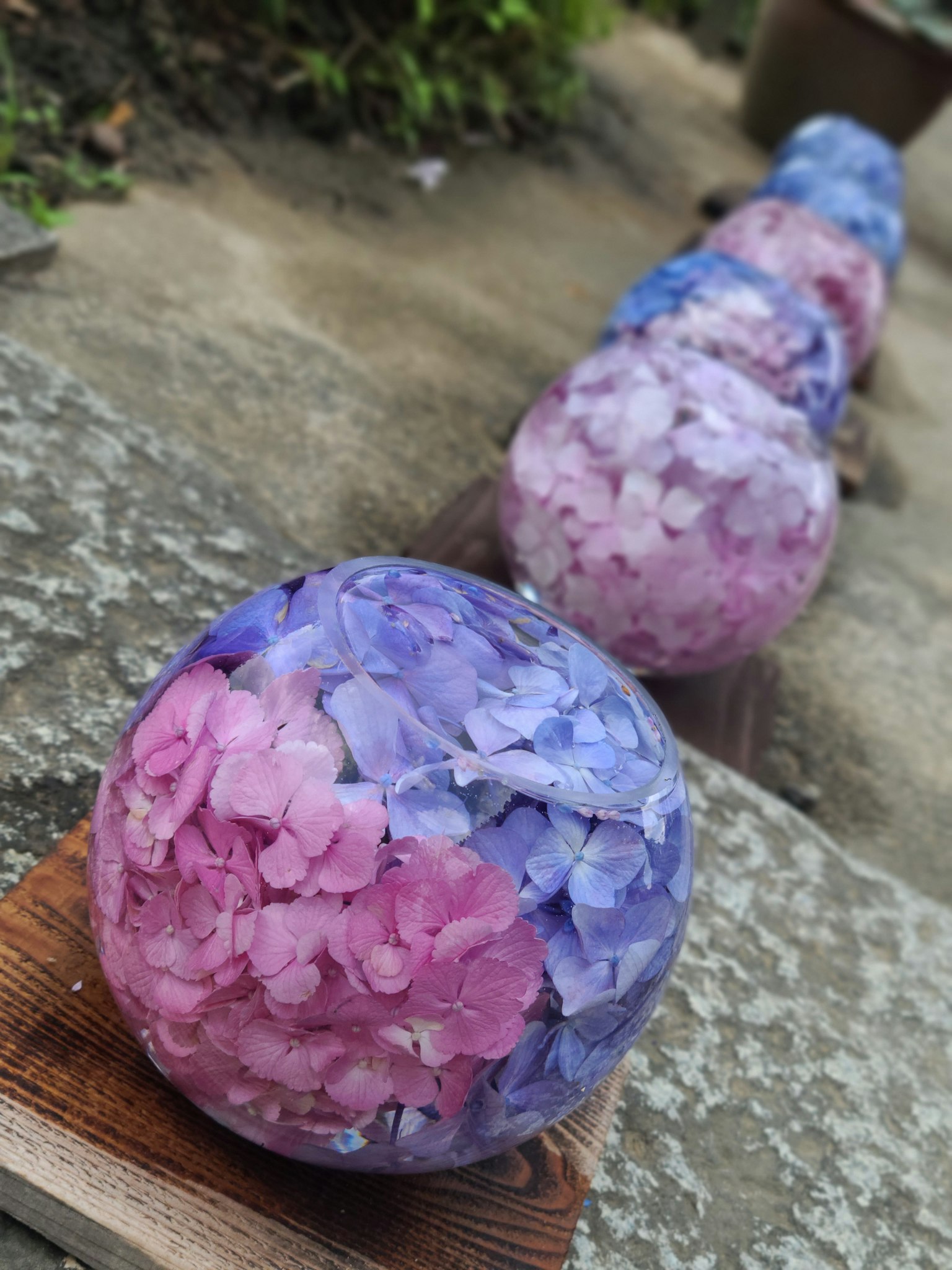 Farbige sphärische Objekte aus Blütenblättern in einem Garten arrangiert