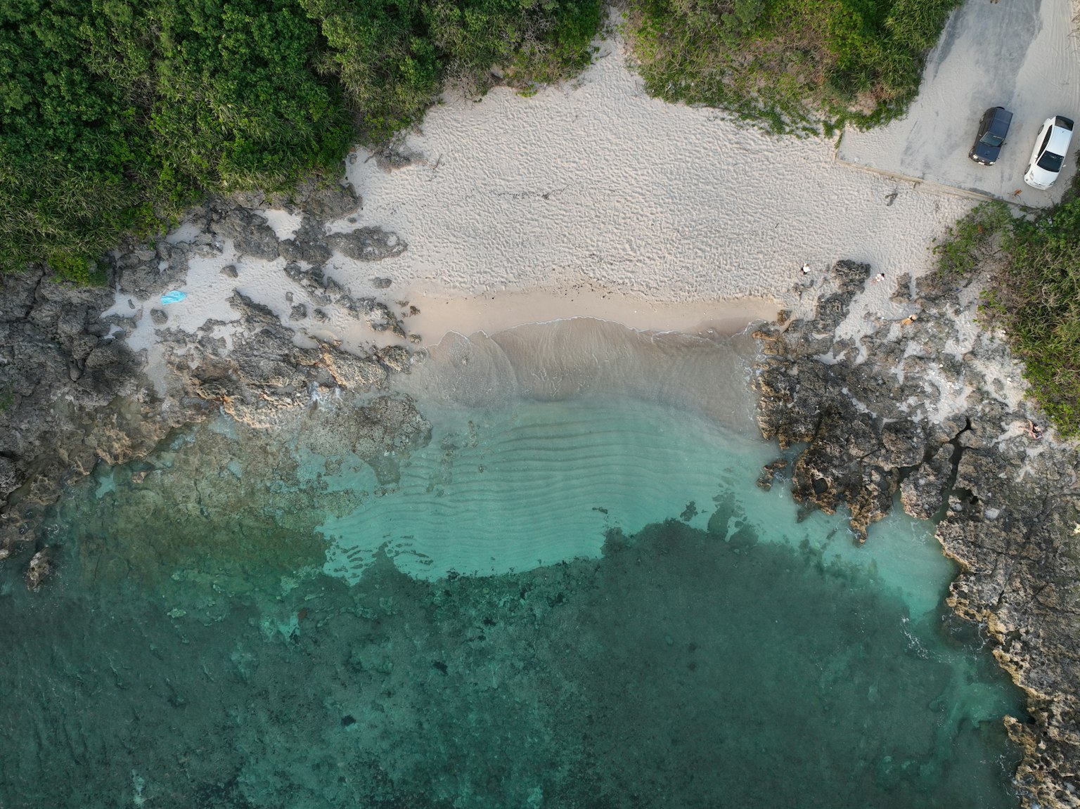 Vista aérea de una playa con agua turquesa y arena blanca rodeada de árboles verdes