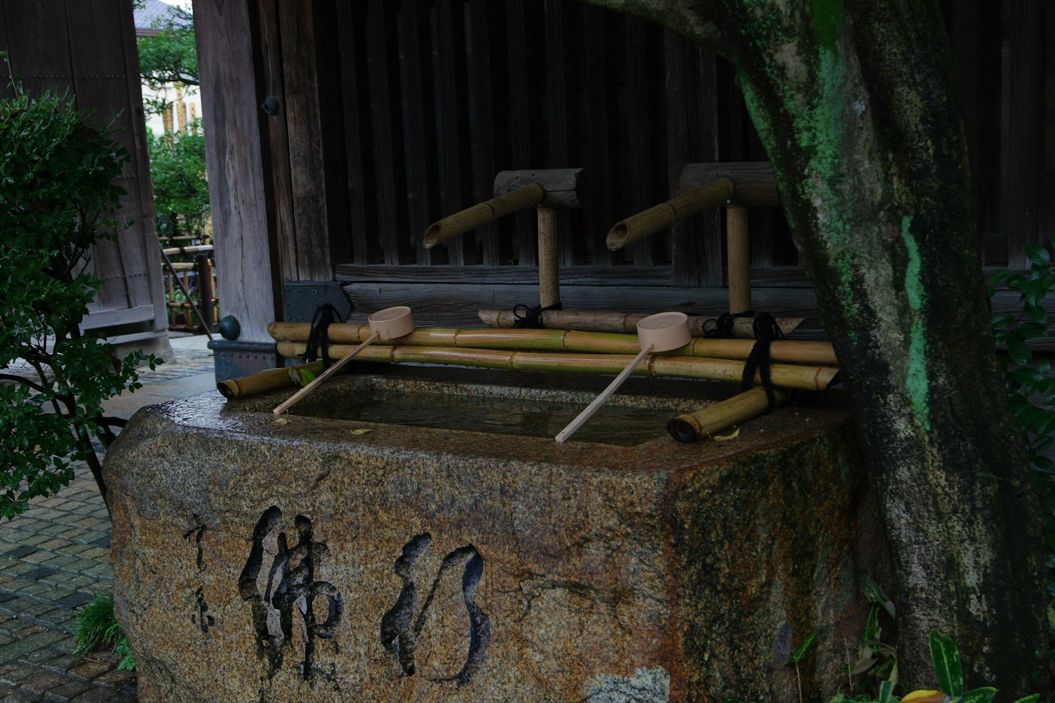 Escena de jardín serena con un lavabo de agua de bambú y base de piedra
