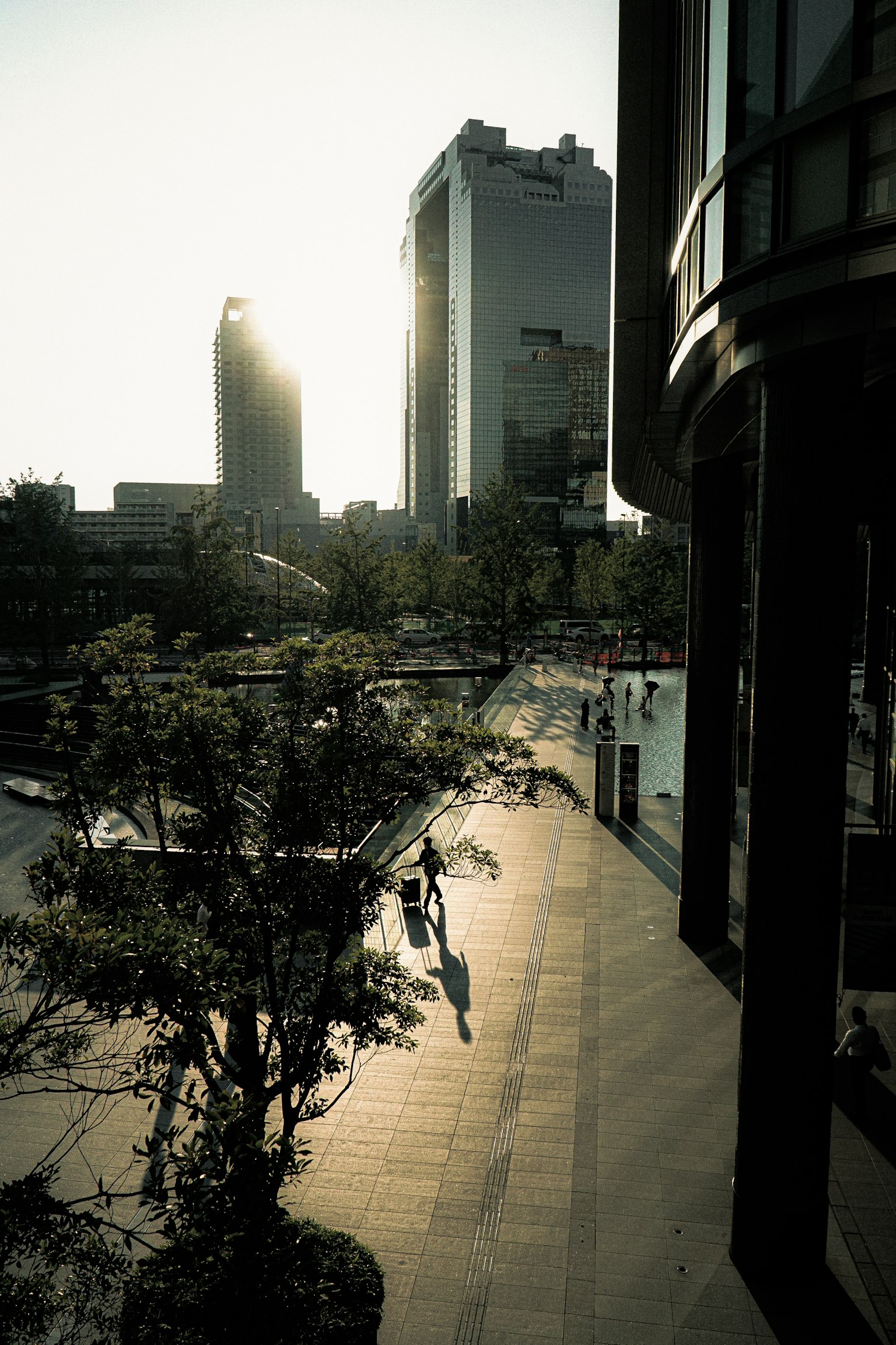 日落背景下行走的人們的城市風景