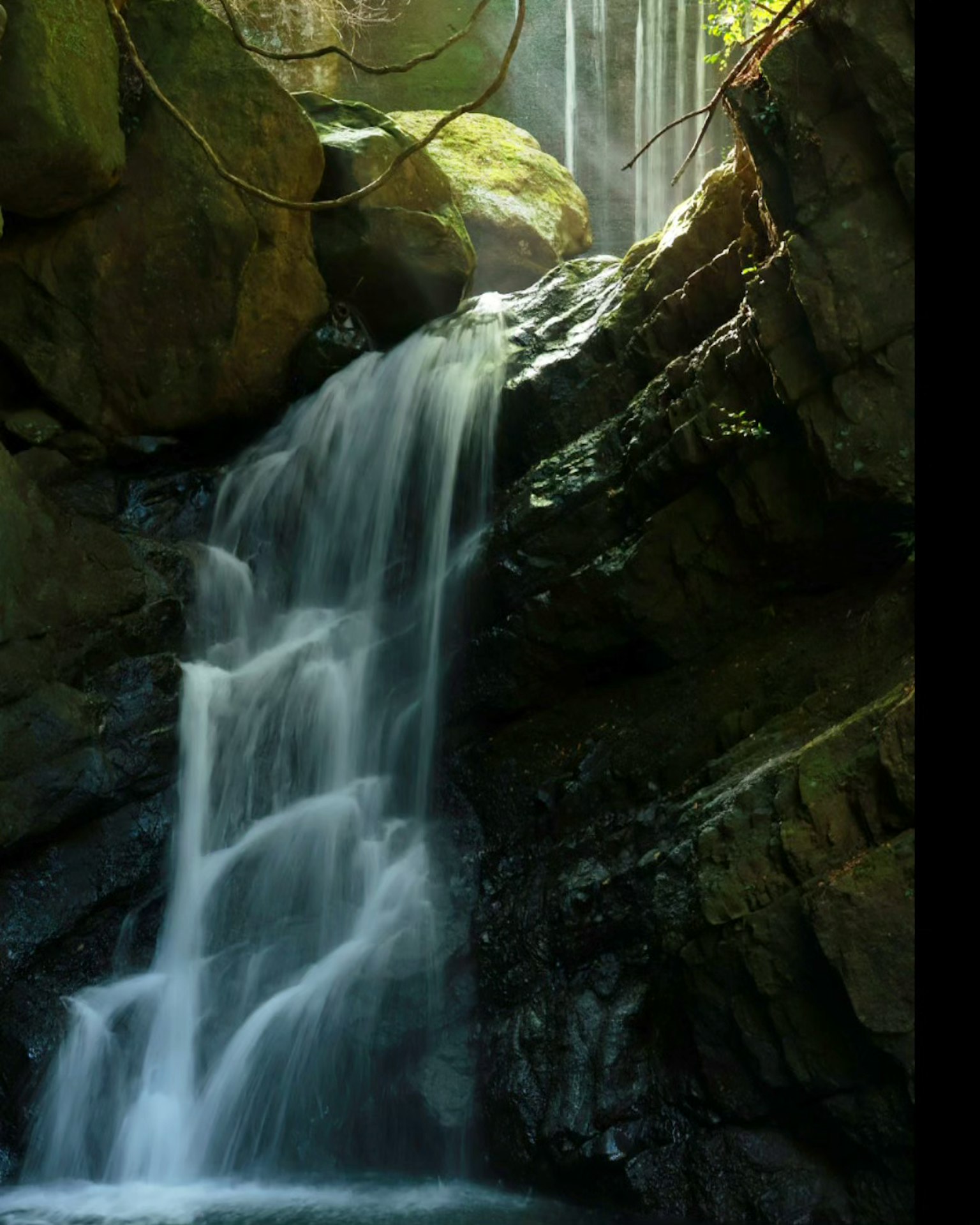 Flowing waterfall cascading over rocks in a serene forest setting