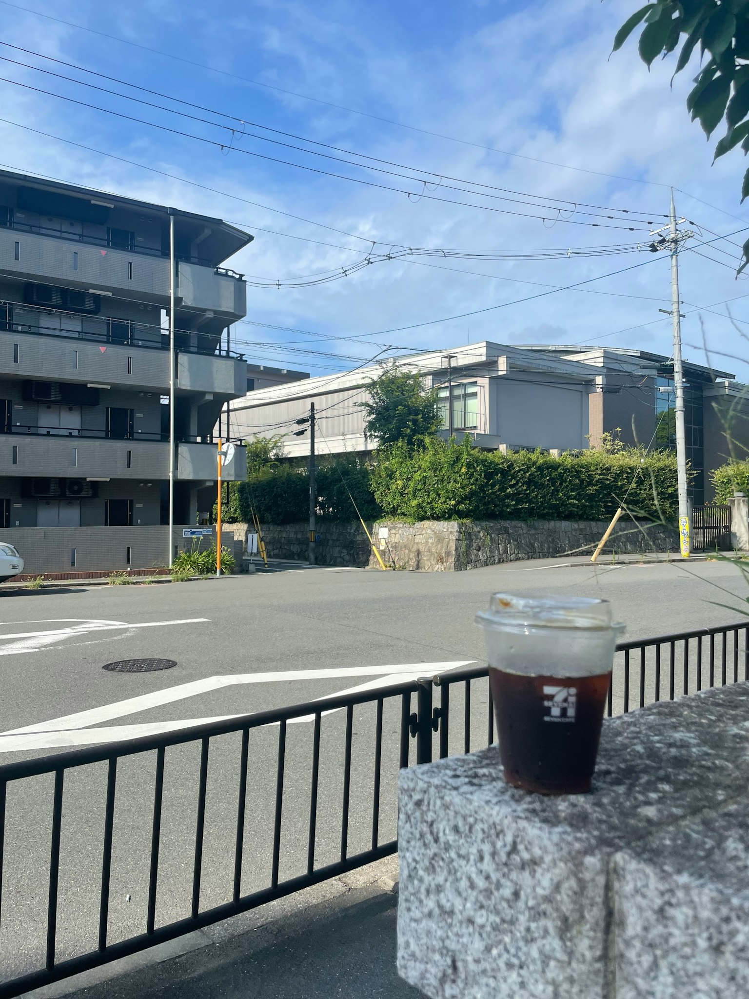 Cangkir kopi es yang diletakkan dekat taman dengan bangunan di sekitarnya