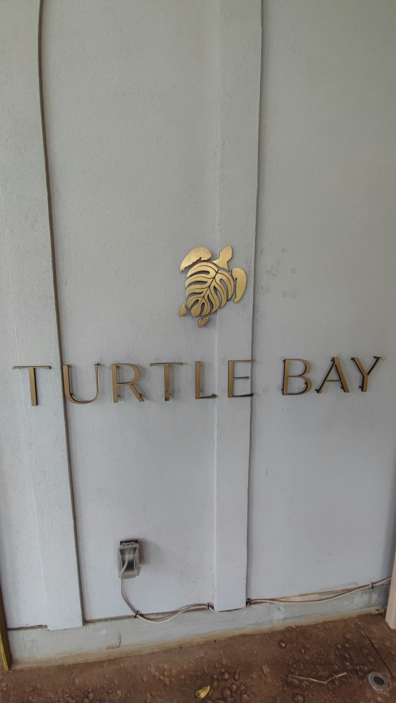 Weiße Tür mit goldener Beschilderung Turtle Bay