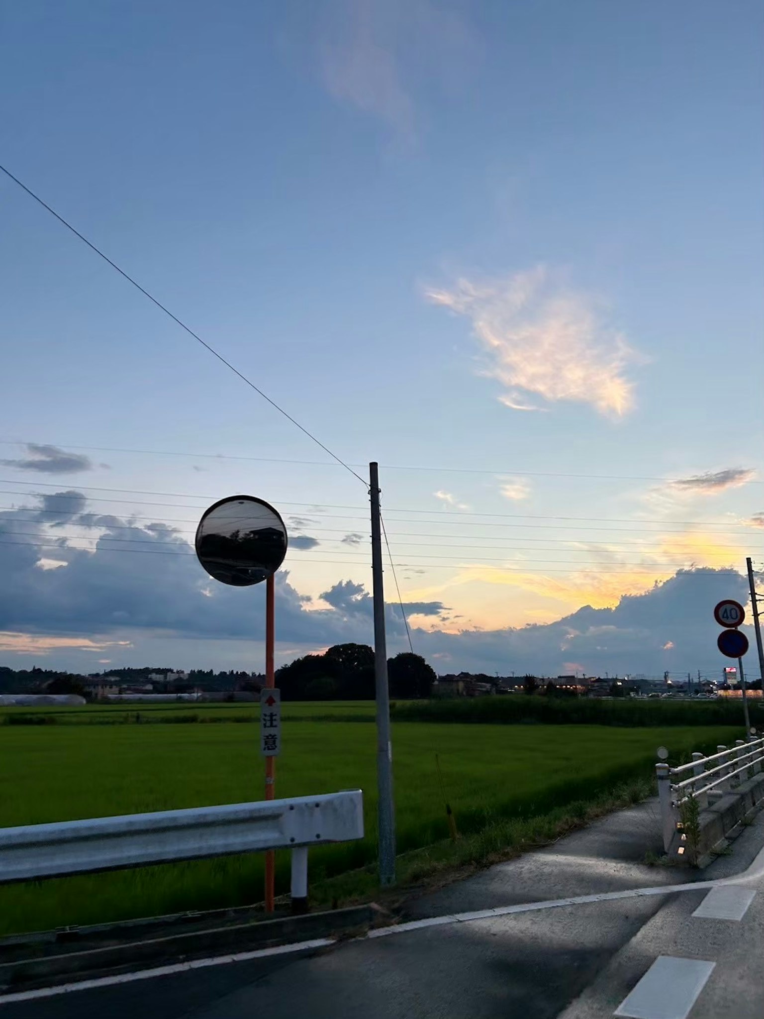 Paesaggio rurale con cielo al tramonto e segnali stradali