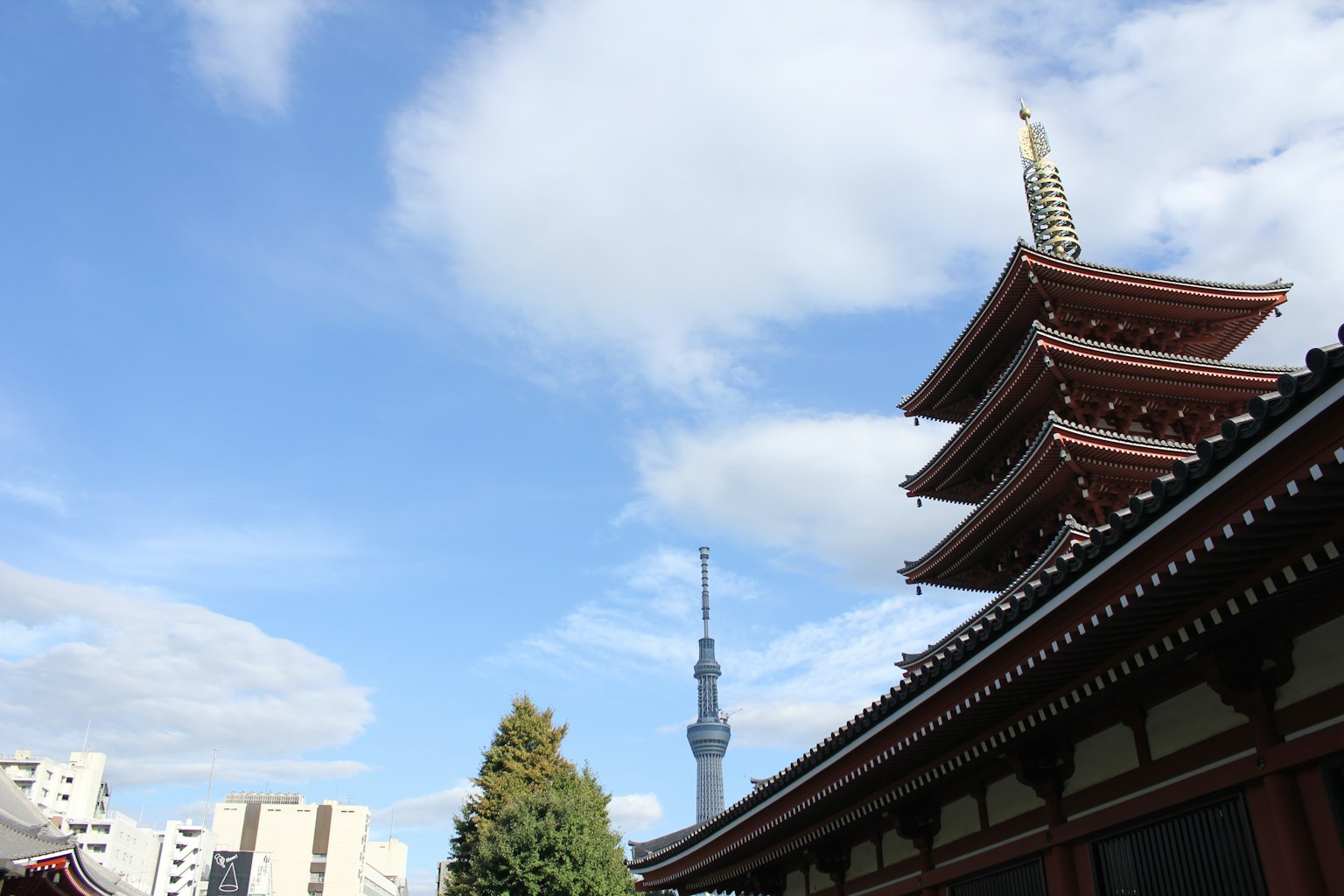 Vista della pagoda del tempio Senso-ji con la Tokyo Skytree sullo sfondo cielo blu e nuvole