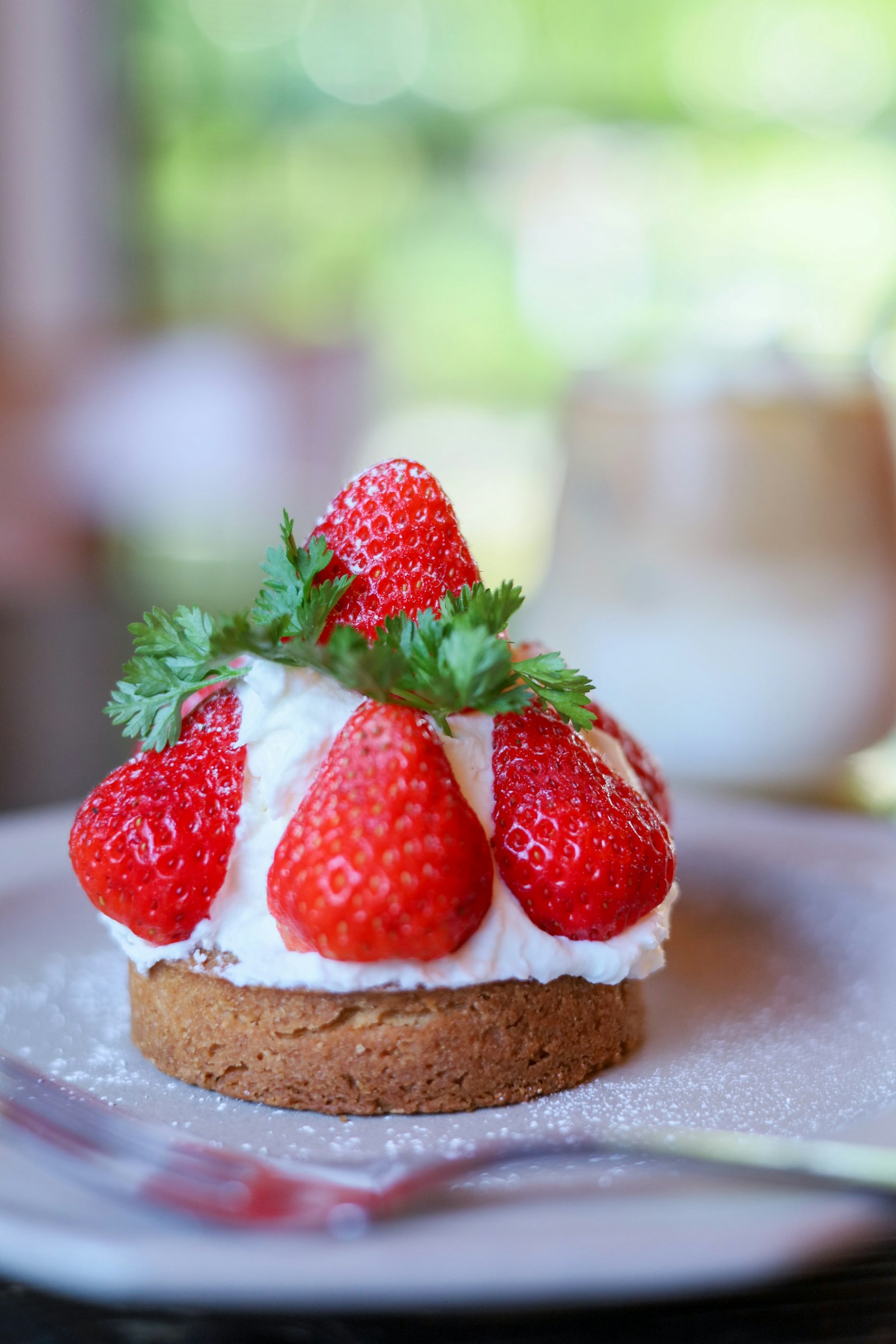 Gâteau dessert garni de fraises fraîches et de crème