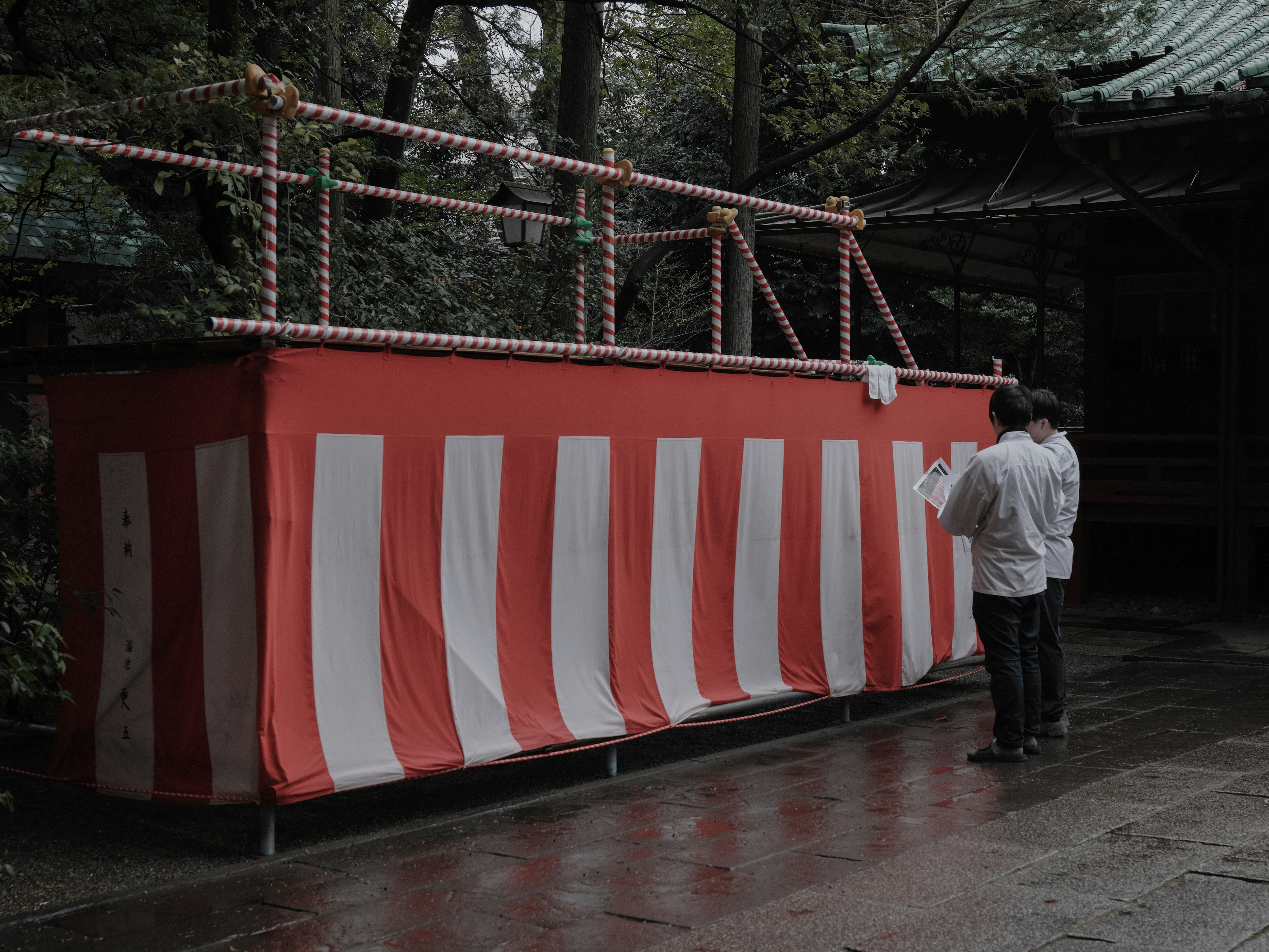神社の境内で赤白の幔幕が張られた参道