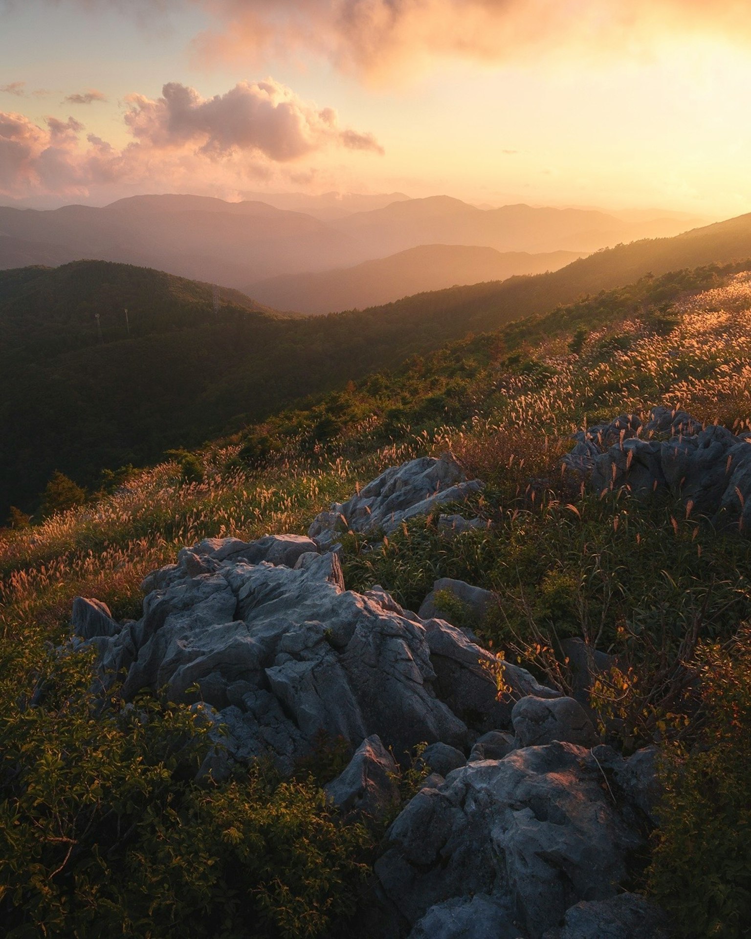 夕日の中の山の風景と岩