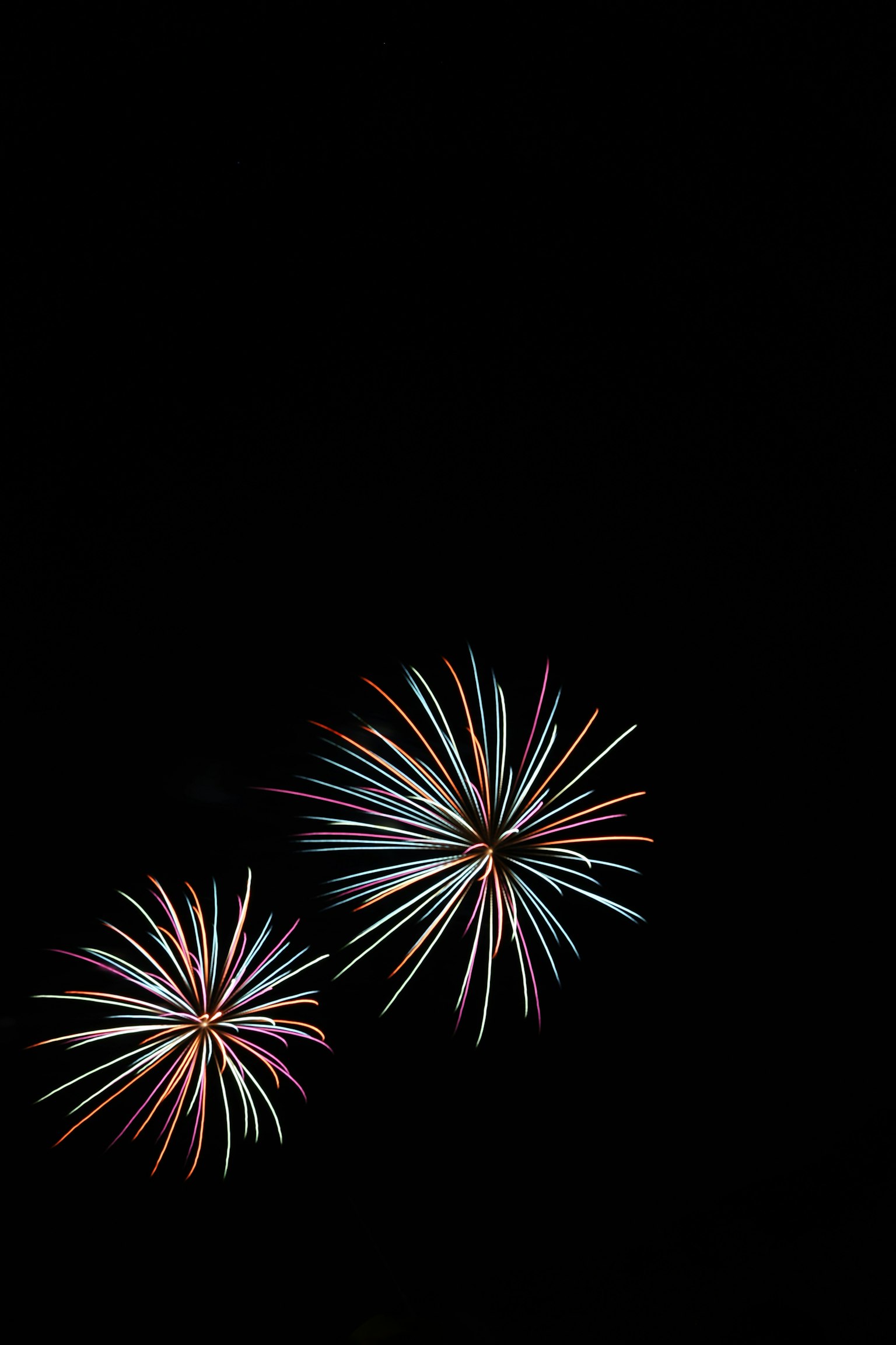 Due fuochi d'artificio colorati che esplodono su uno sfondo nero