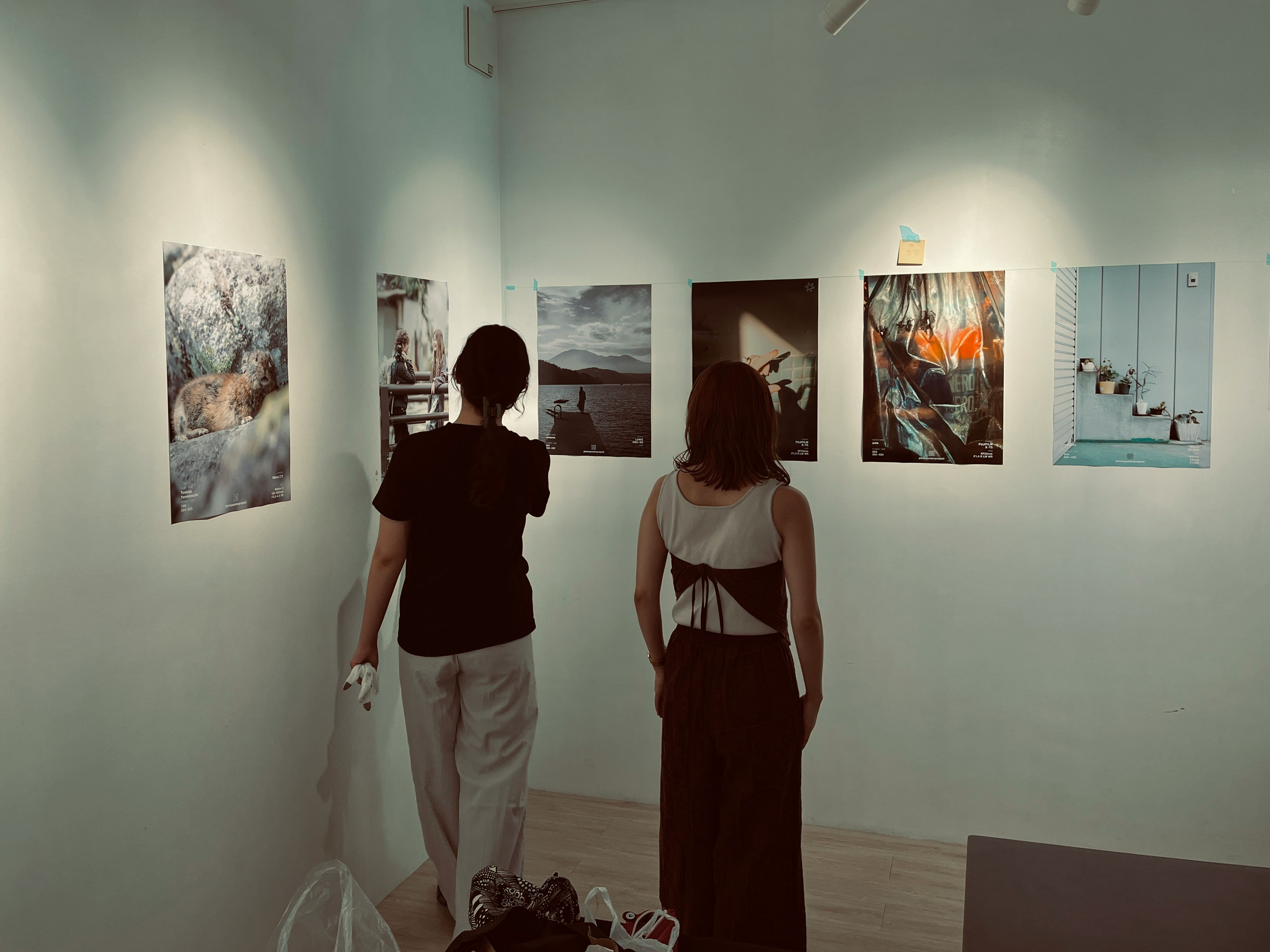壁に並ぶ絵画を鑑賞する2人の後ろ姿の展示室