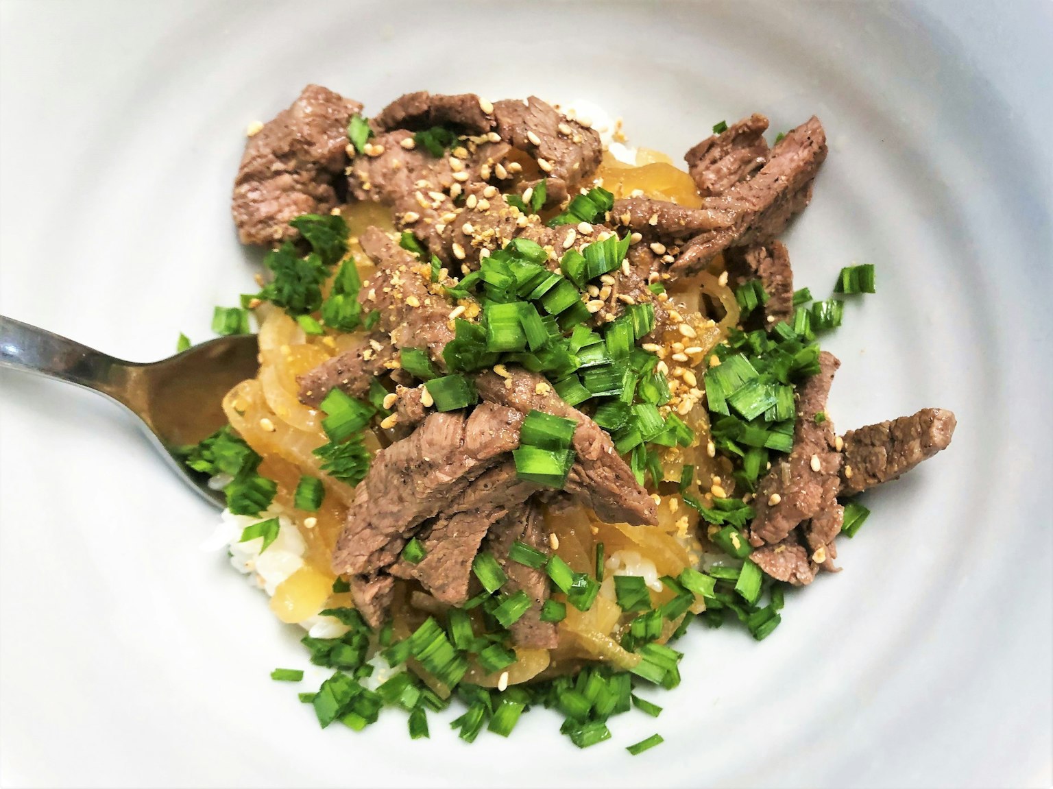 米饭上面放有牛肉和葱的菜肴