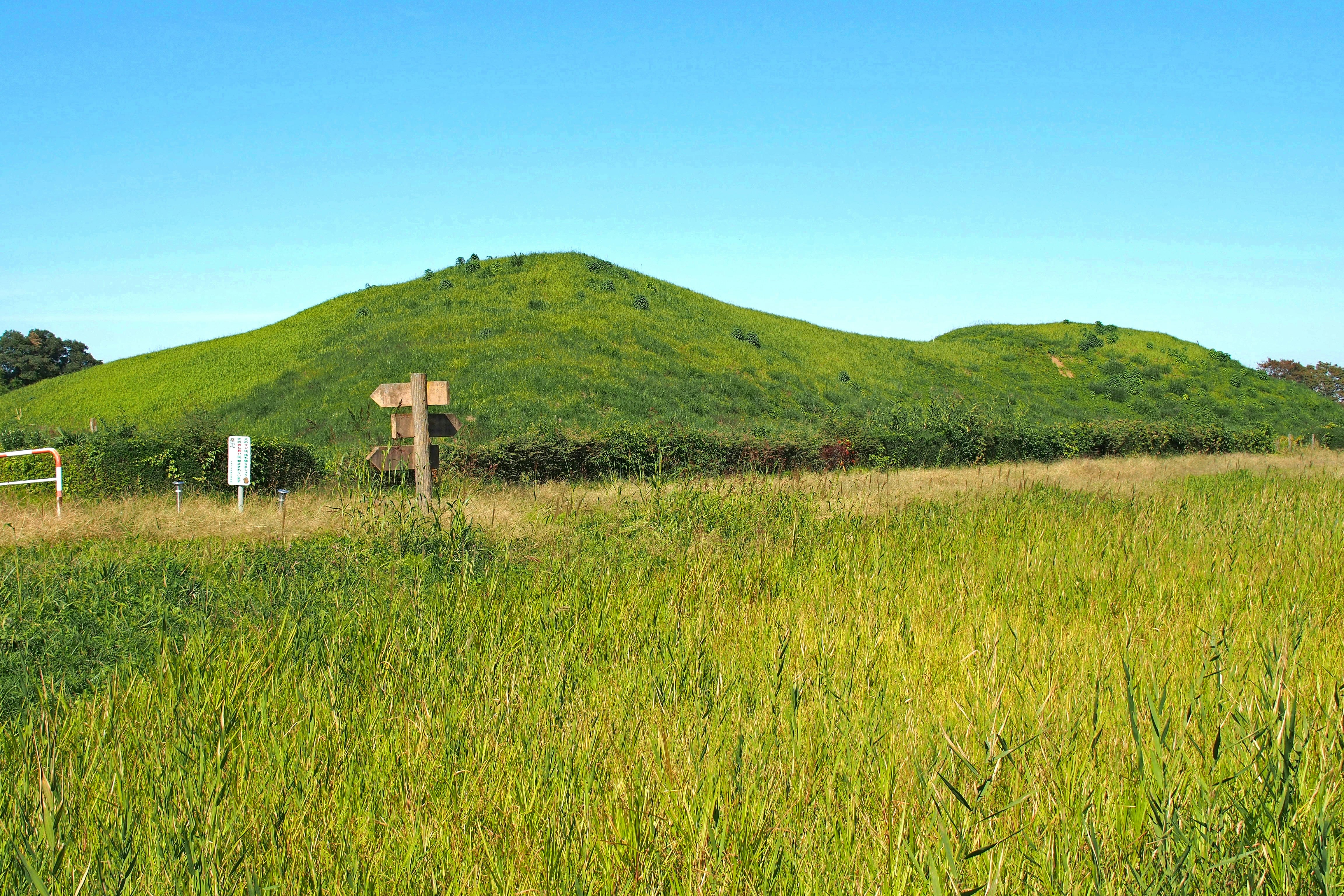 草地丘陵與田野裡的十字架的田園景色