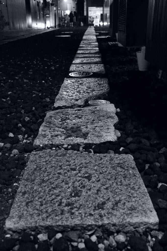 allée nocturne avec dalles de pierre et sol humide