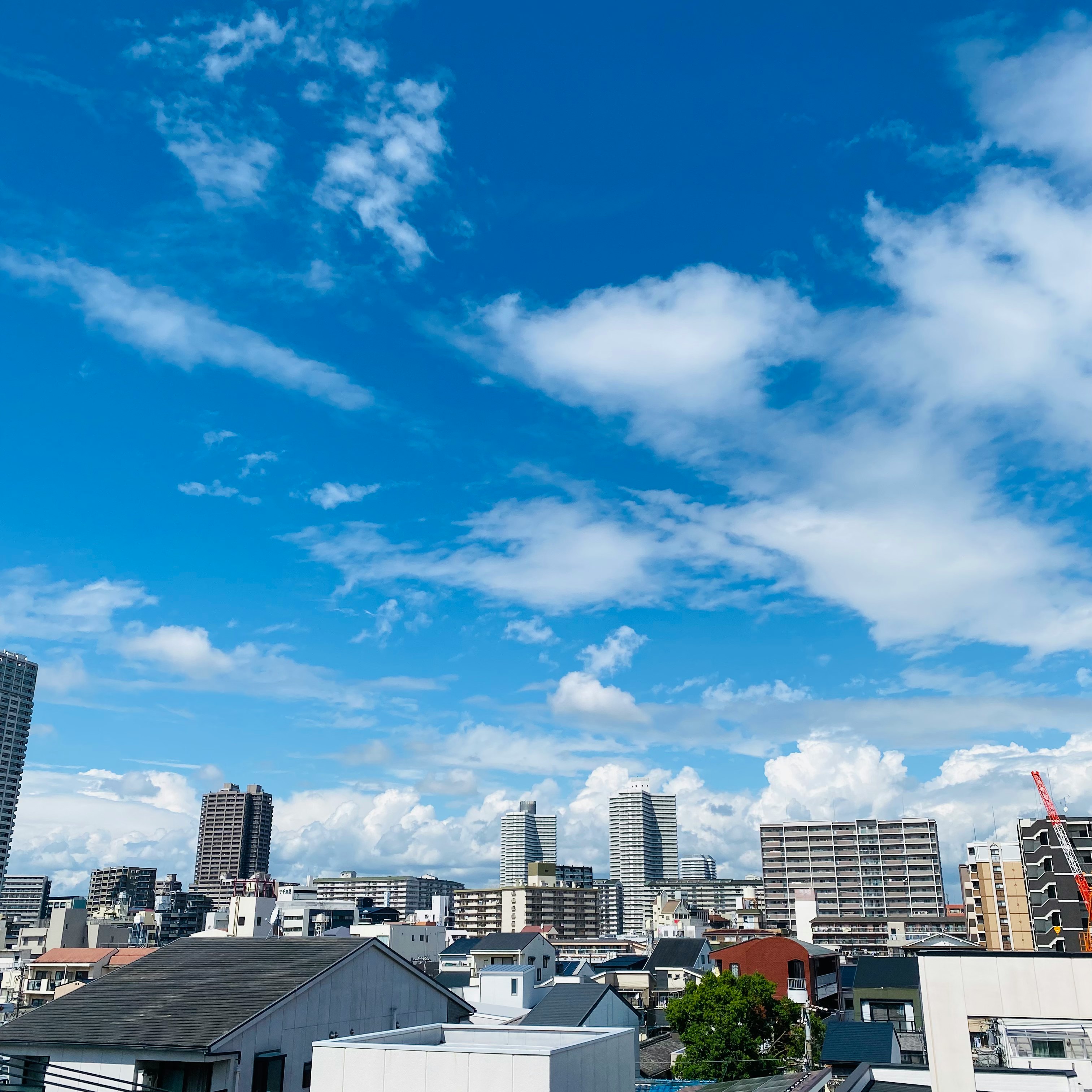 青空の下、住宅と高層ビルが混在する都市の街並み
