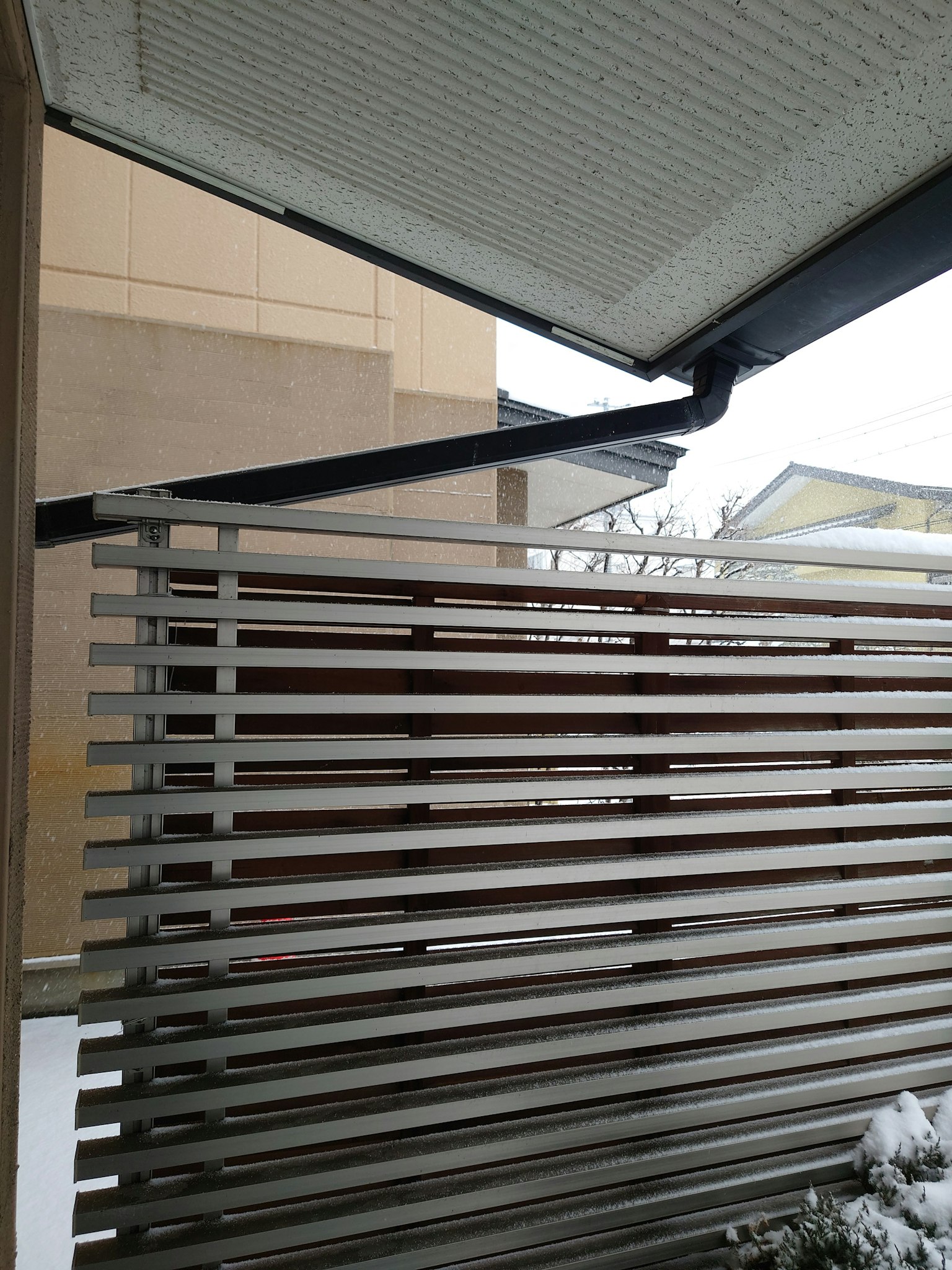 Snowy day showing a steel striped fence and part of a roof