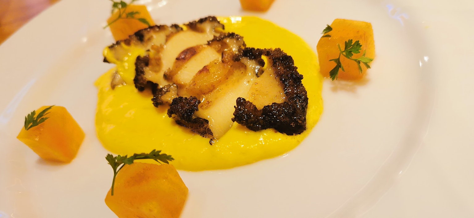 Filet de poisson grillé avec des bords carbonisés servi sur une sauce crémeuse avec des dés de citrouille