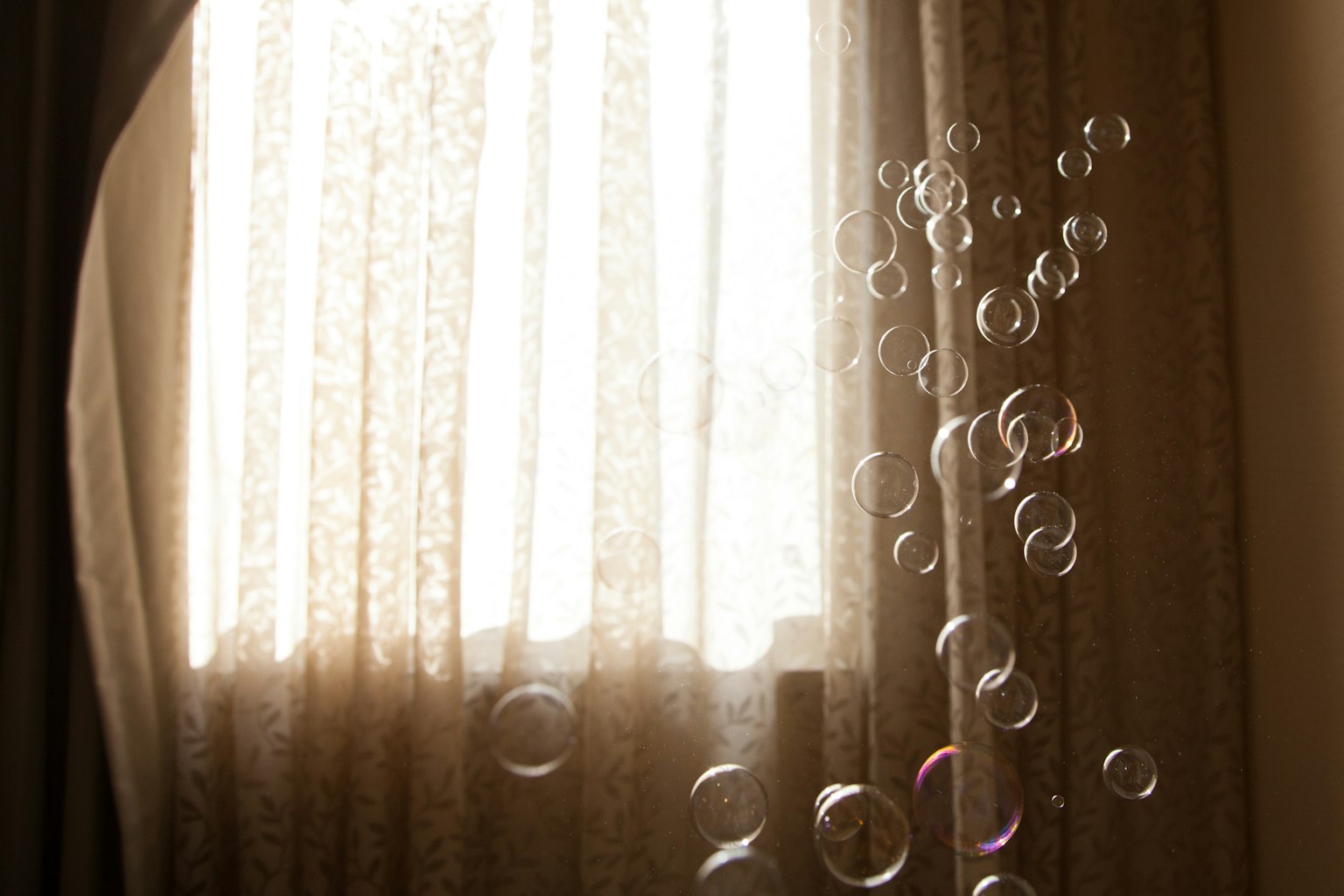 Seifenblasen, die nahe einem Fenster mit durchsichtigen Vorhängen und Sonnenlicht schweben