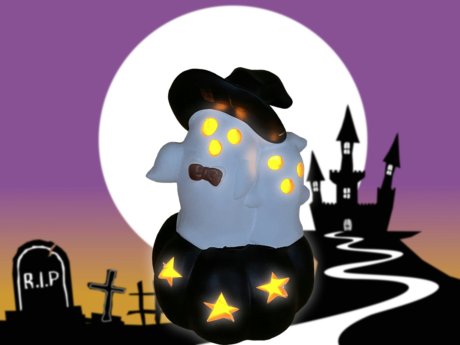Dekorasi Halloween dengan hantu mengenakan topi penyihir di dalam labu