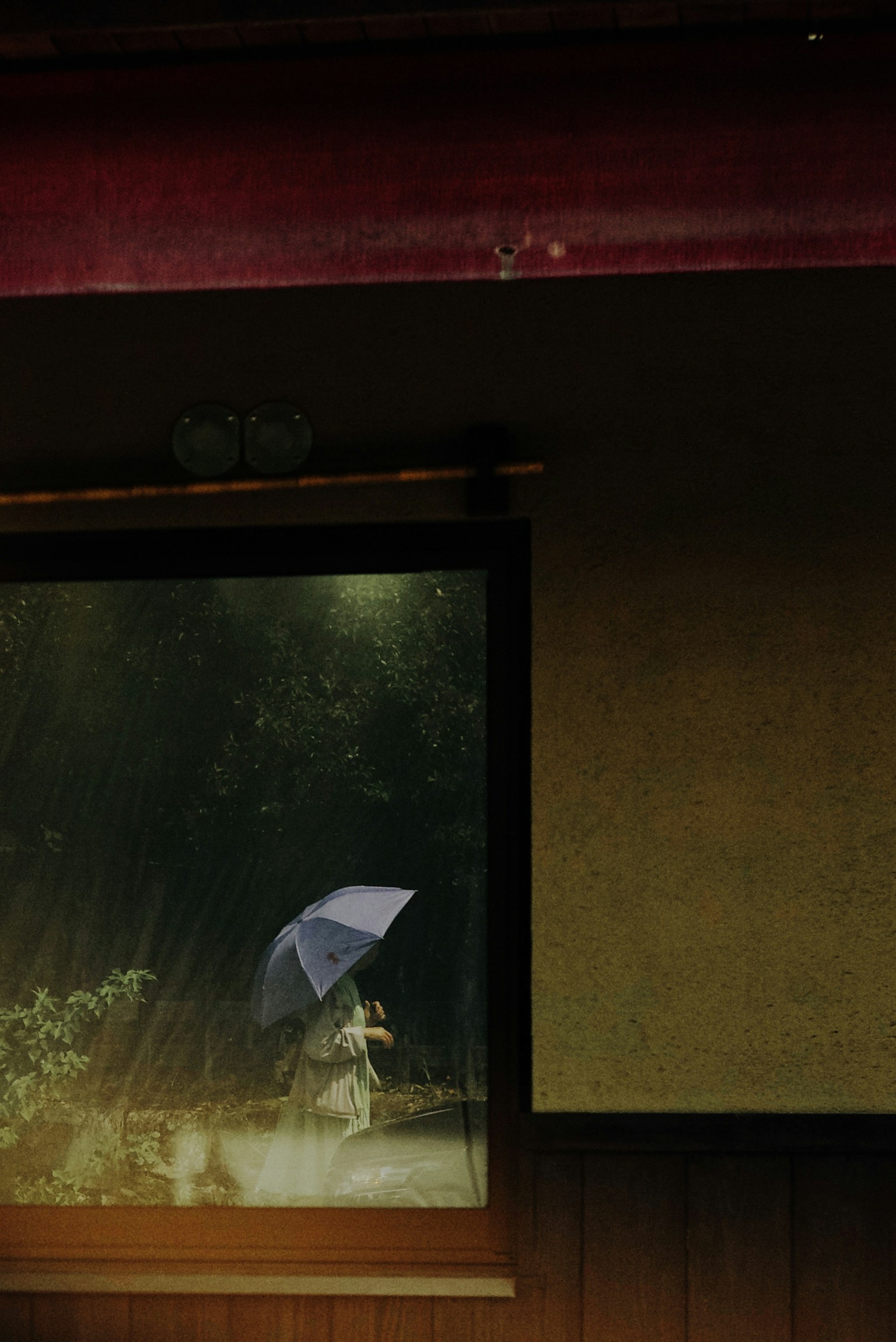 A woman holding a blue umbrella seen through a window