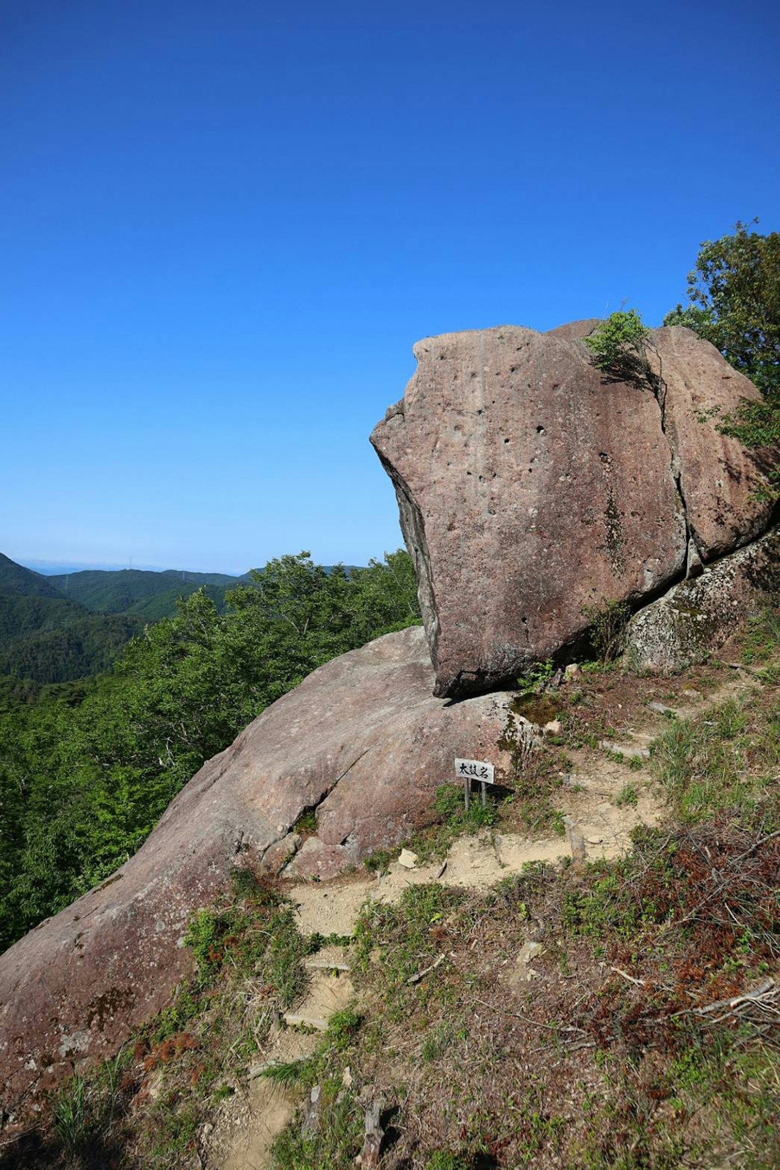 Large rock formation with green trees under a clear blue sky
