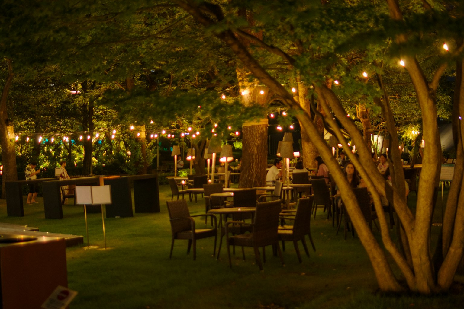 Una scena di giardino notturno con tavoli e sedie disposti sotto gli alberi illuminati da luci soffuse